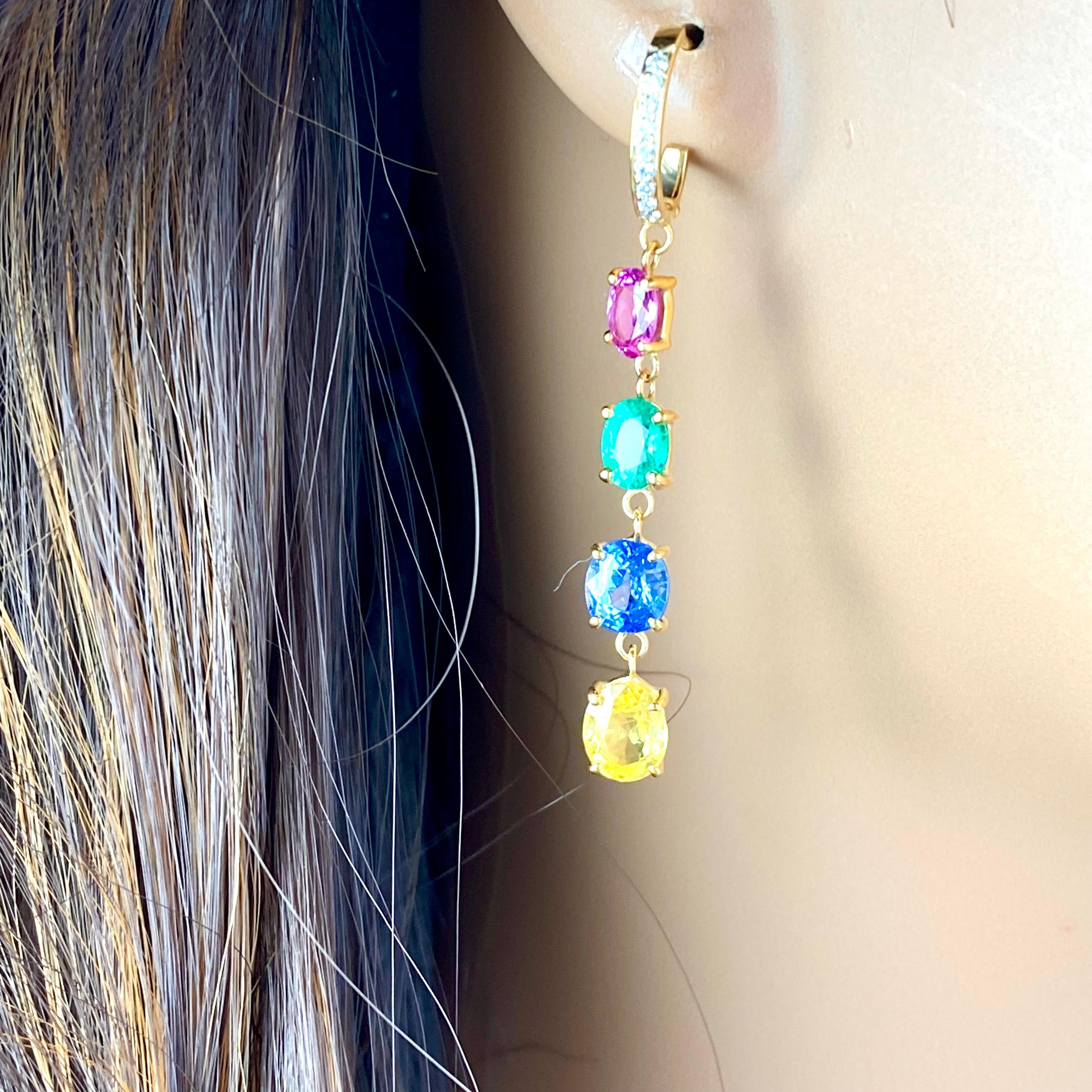 Mehrfarbige lange Ohrringe mit Edelsteinen und Diamanten mit Gewicht von 7,65 Karat und 1,95 Zoll  im Angebot 7