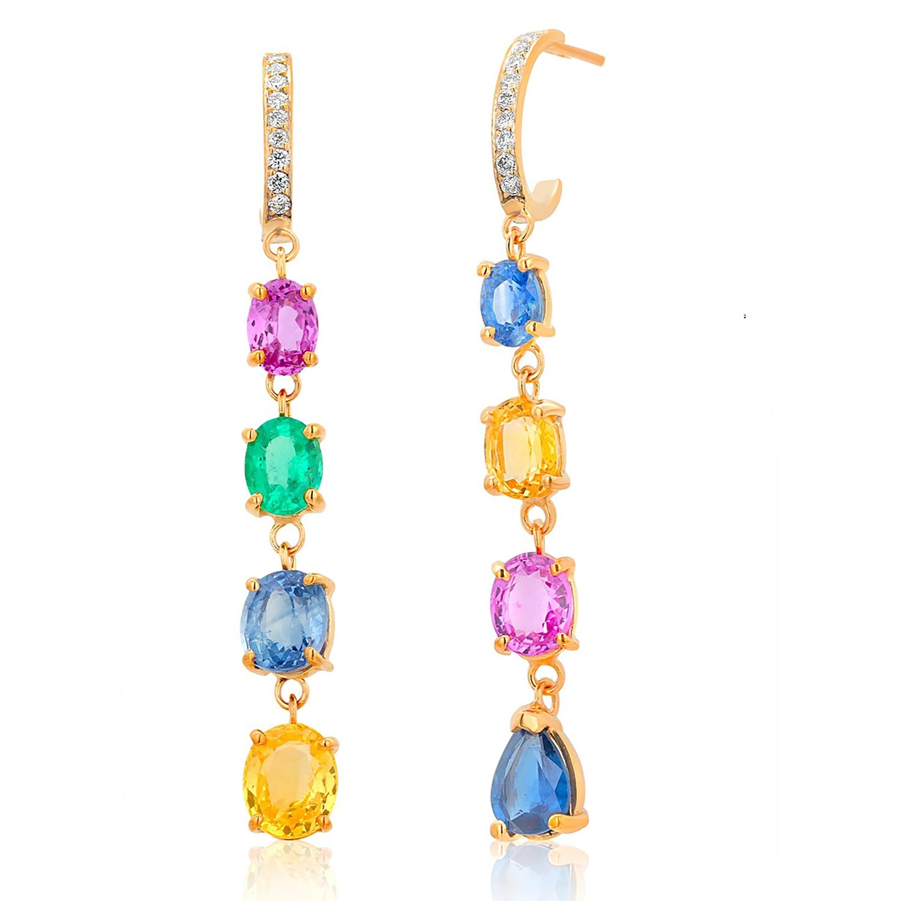 Mehrfarbige lange Ohrringe mit Edelsteinen und Diamanten mit Gewicht von 7,65 Karat und 1,95 Zoll  (Ovalschliff) im Angebot