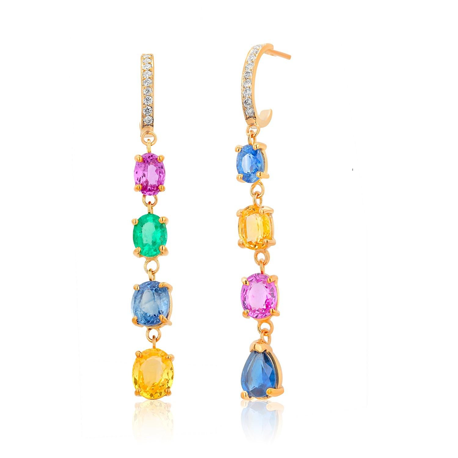 Mehrfarbige lange Ohrringe mit Edelsteinen und Diamanten mit Gewicht von 7,65 Karat und 1,95 Zoll  im Angebot 1