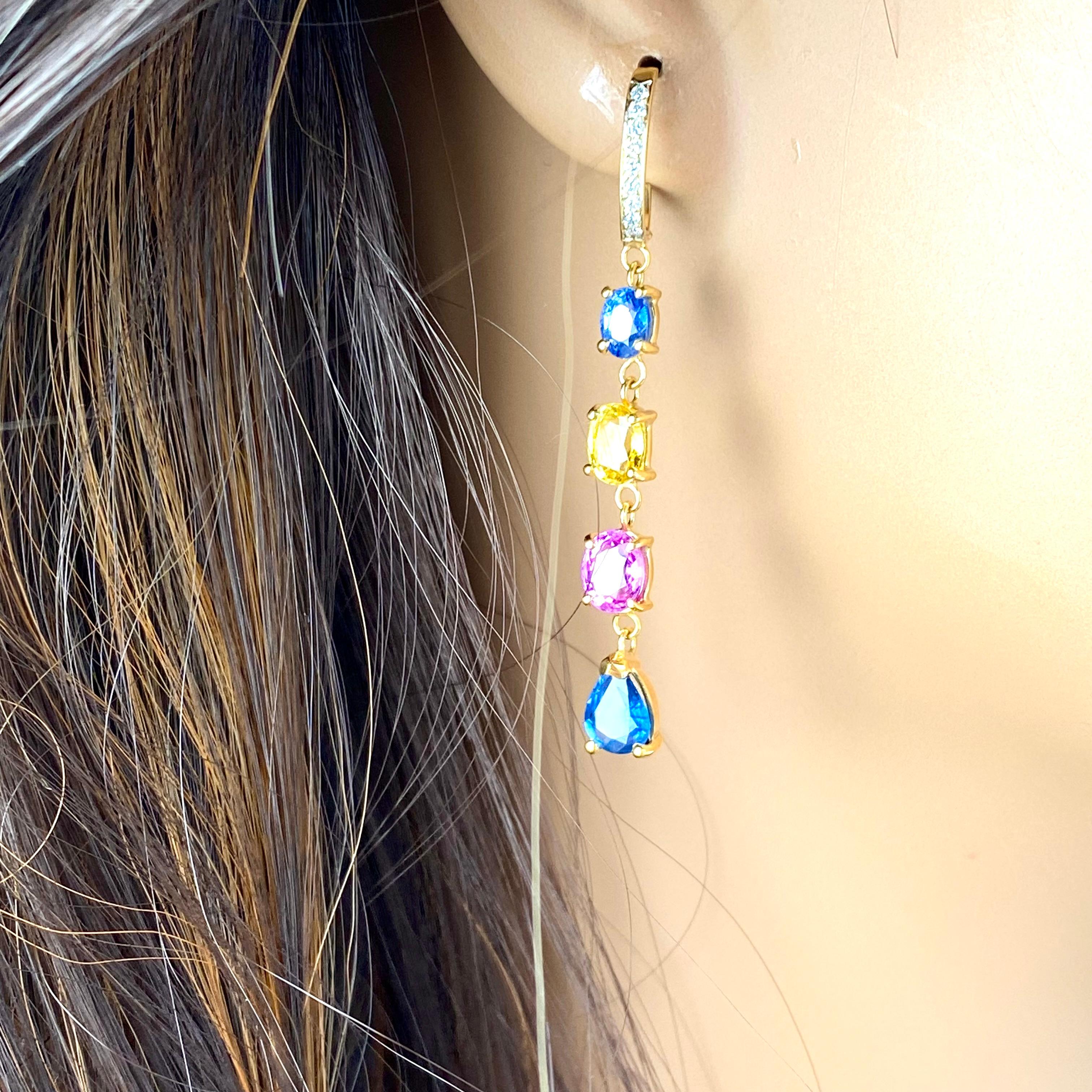 Mehrfarbige lange Ohrringe mit Edelsteinen und Diamanten mit Gewicht von 7,65 Karat und 1,95 Zoll  im Angebot 2