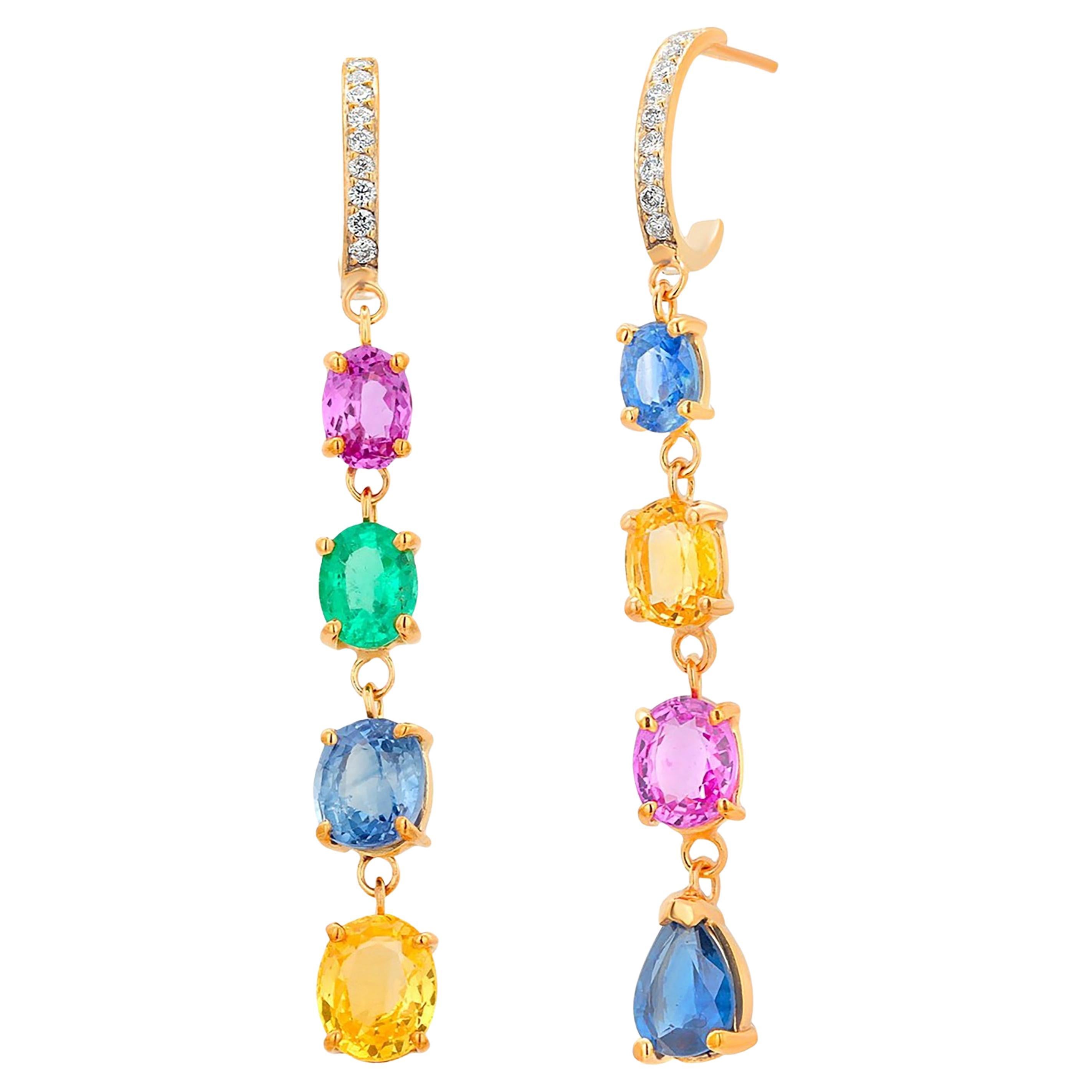 Multi Colored Gemstone Diamonds 7.65 Carat Yellow Gold 1.95 Inch Long Earrings For Sale