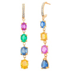 Mehrfarbige lange Ohrringe mit Edelsteinen und Diamanten mit Gewicht von 7,65 Karat und 1,95 Zoll 
