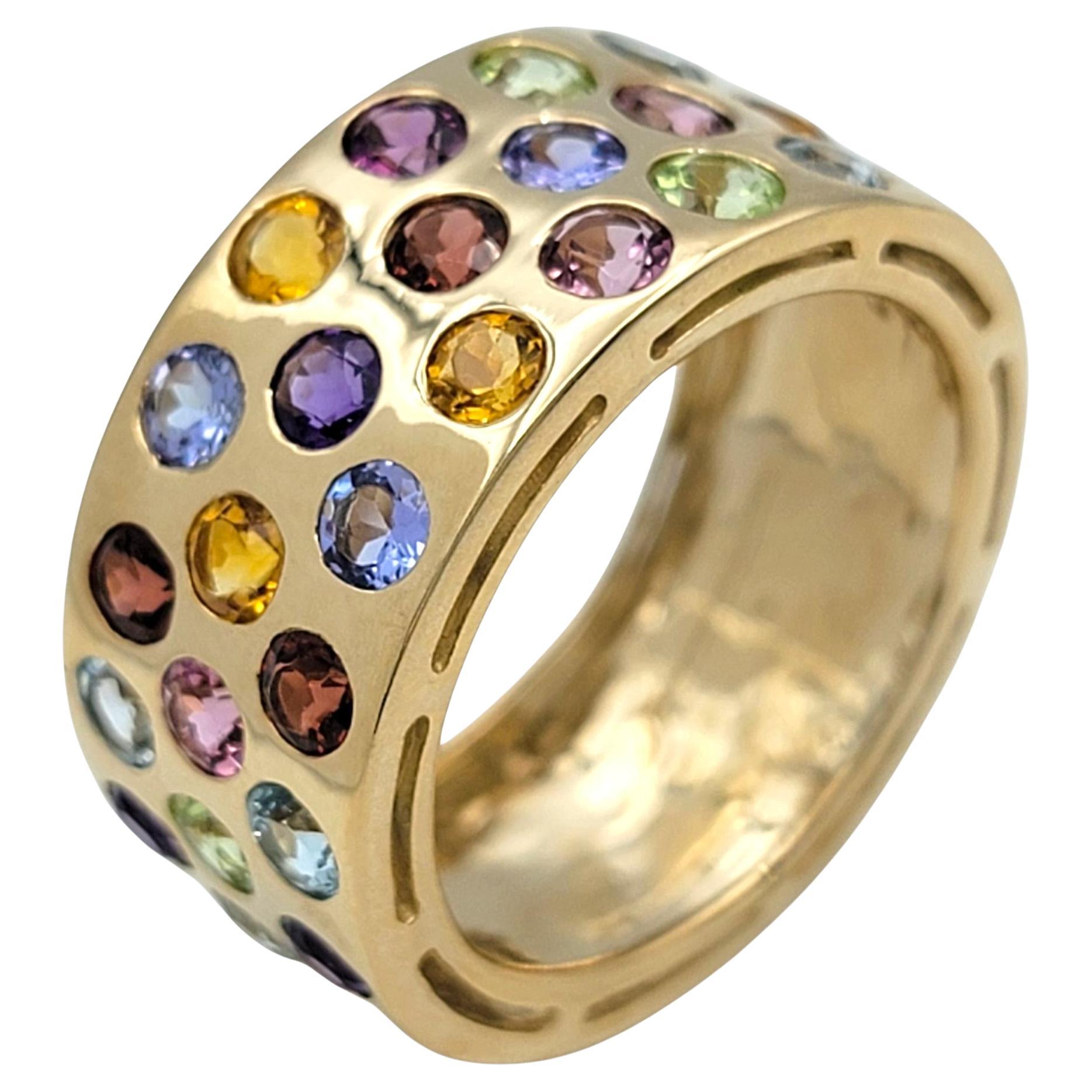 Multi-Colored Gemstone Polka Dot Wide Band Ring in Polished 14 Karat Yellow Gold