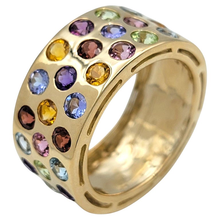 Multi-Colored Gemstone Polka Dot Wide Band Ring in Polished 14