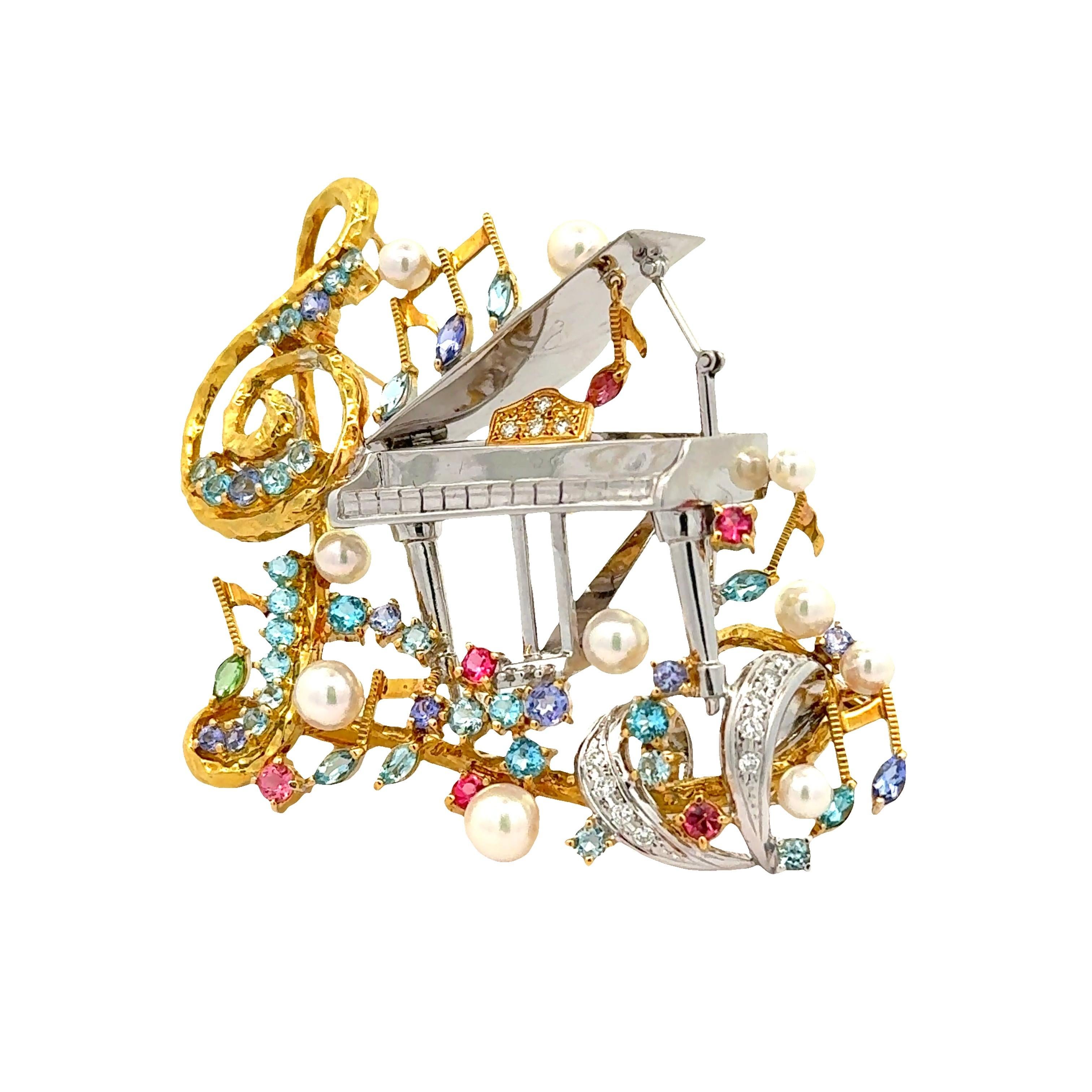 Mehrfarbige Edelsteine Diamant Perle Gold Klavier Musikalisches Motiv Brosche (Zeitgenössisch) im Angebot