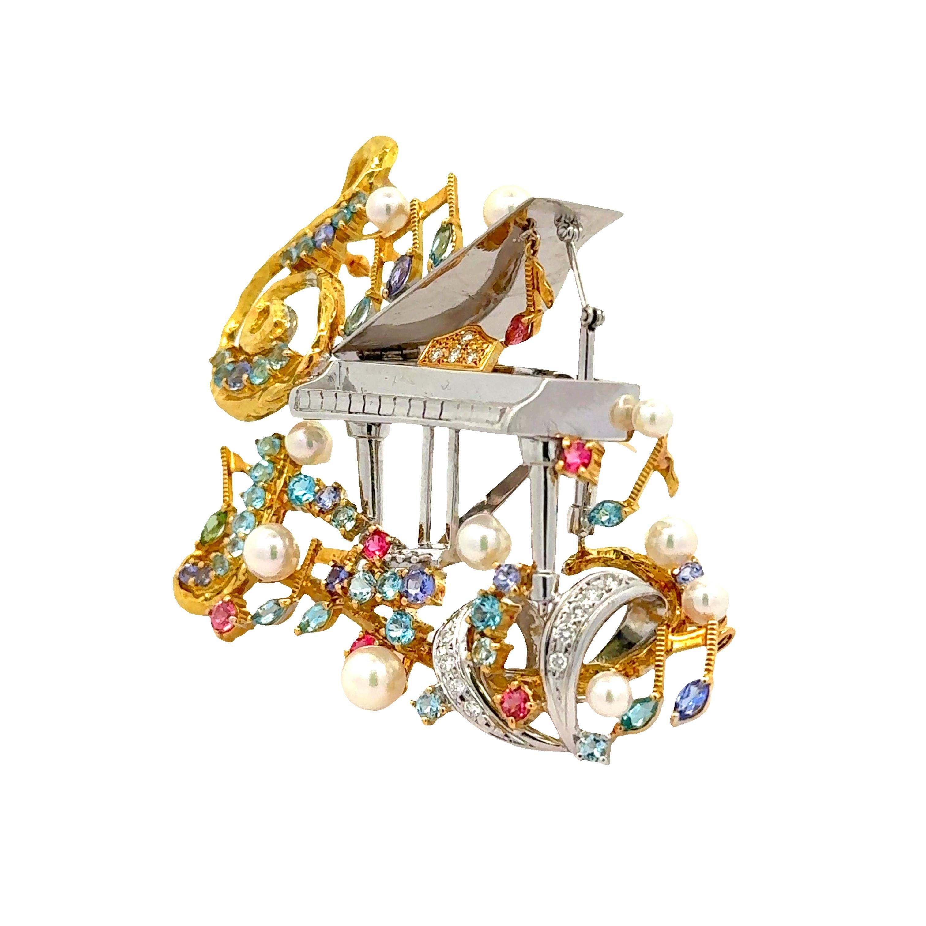 Mehrfarbige Edelsteine Diamant Perle Gold Klavier Musikalisches Motiv Brosche (Gemischter Schliff) im Angebot