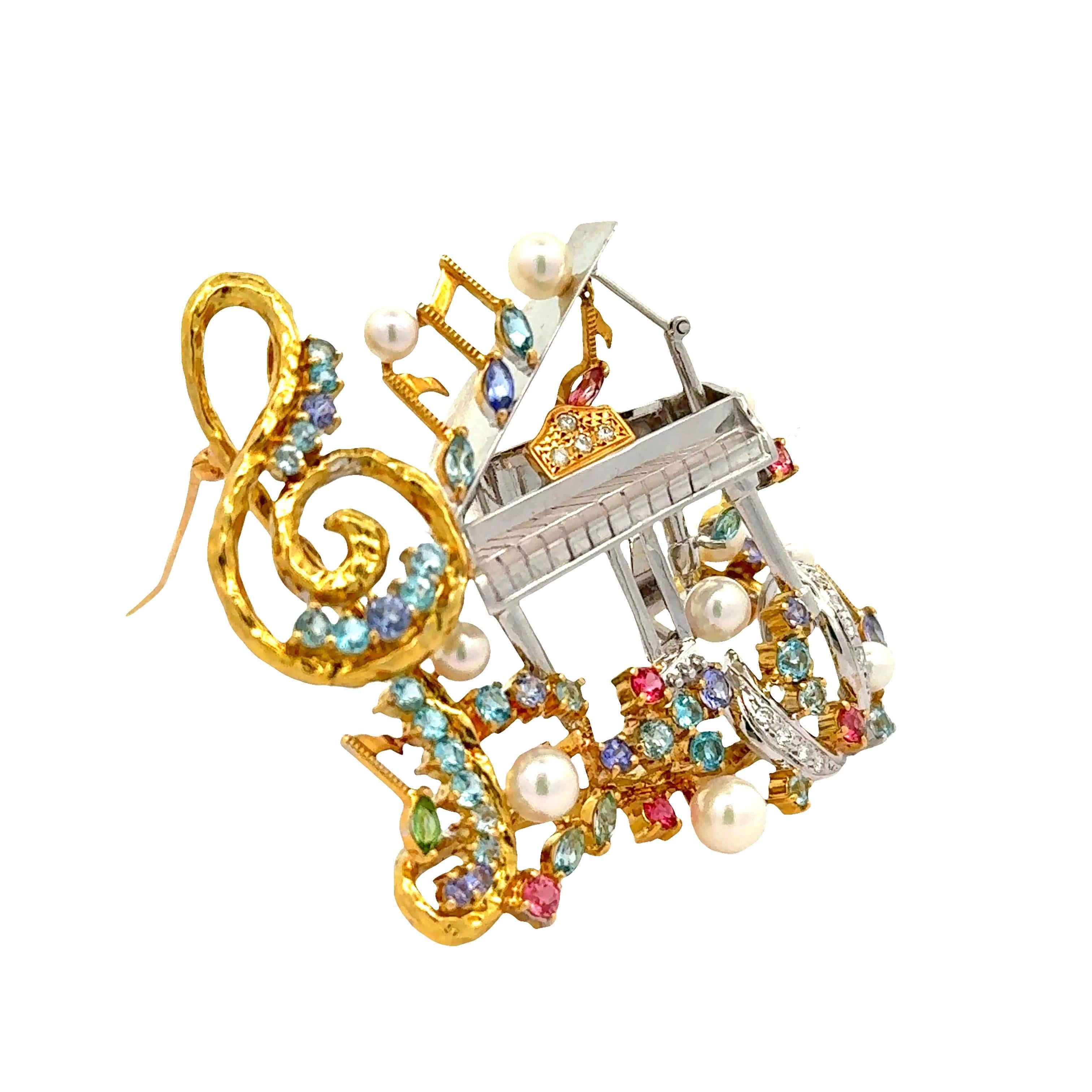 Mehrfarbige Edelsteine Diamant Perle Gold Klavier Musikalisches Motiv Brosche im Zustand „Hervorragend“ im Angebot in Beverly Hills, CA
