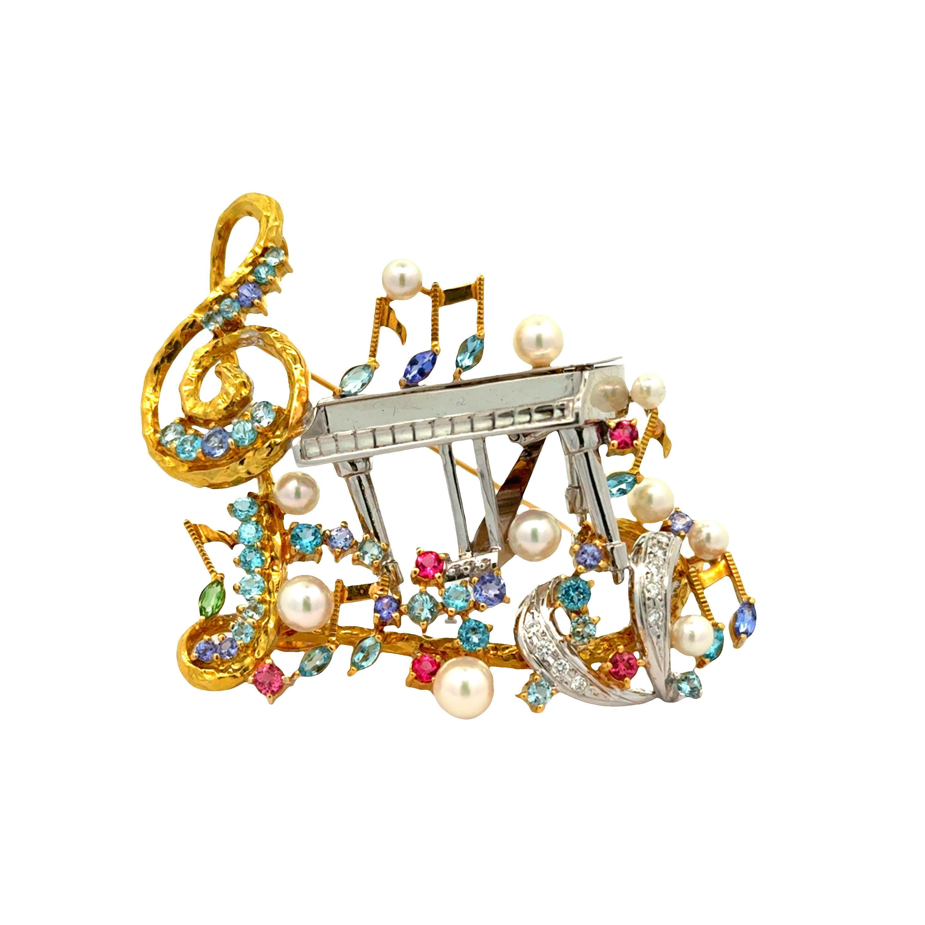 Mehrfarbige Edelsteine Diamant Perle Gold Klavier Musikalisches Motiv Brosche Damen im Angebot