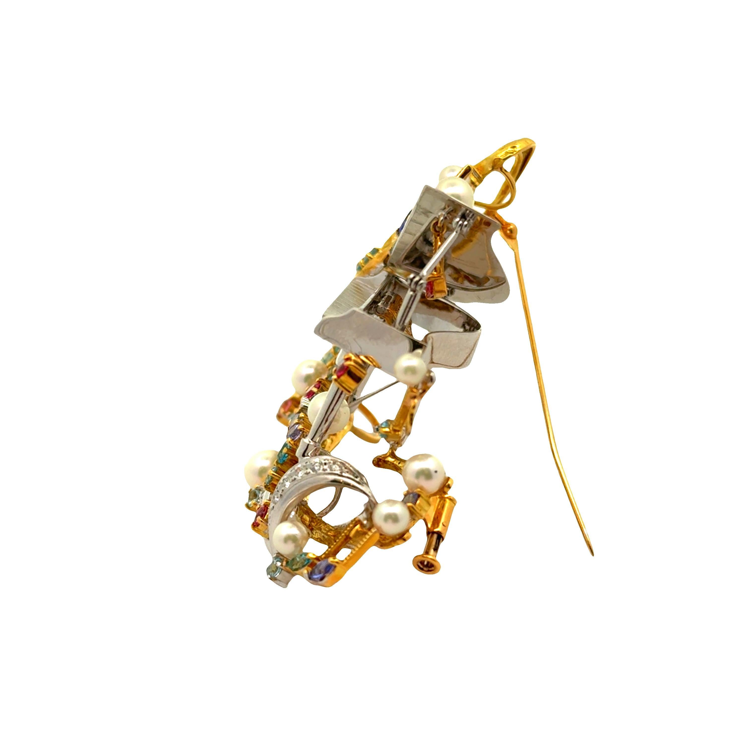 Mehrfarbige Edelsteine Diamant Perle Gold Klavier Musikalisches Motiv Brosche im Angebot 2