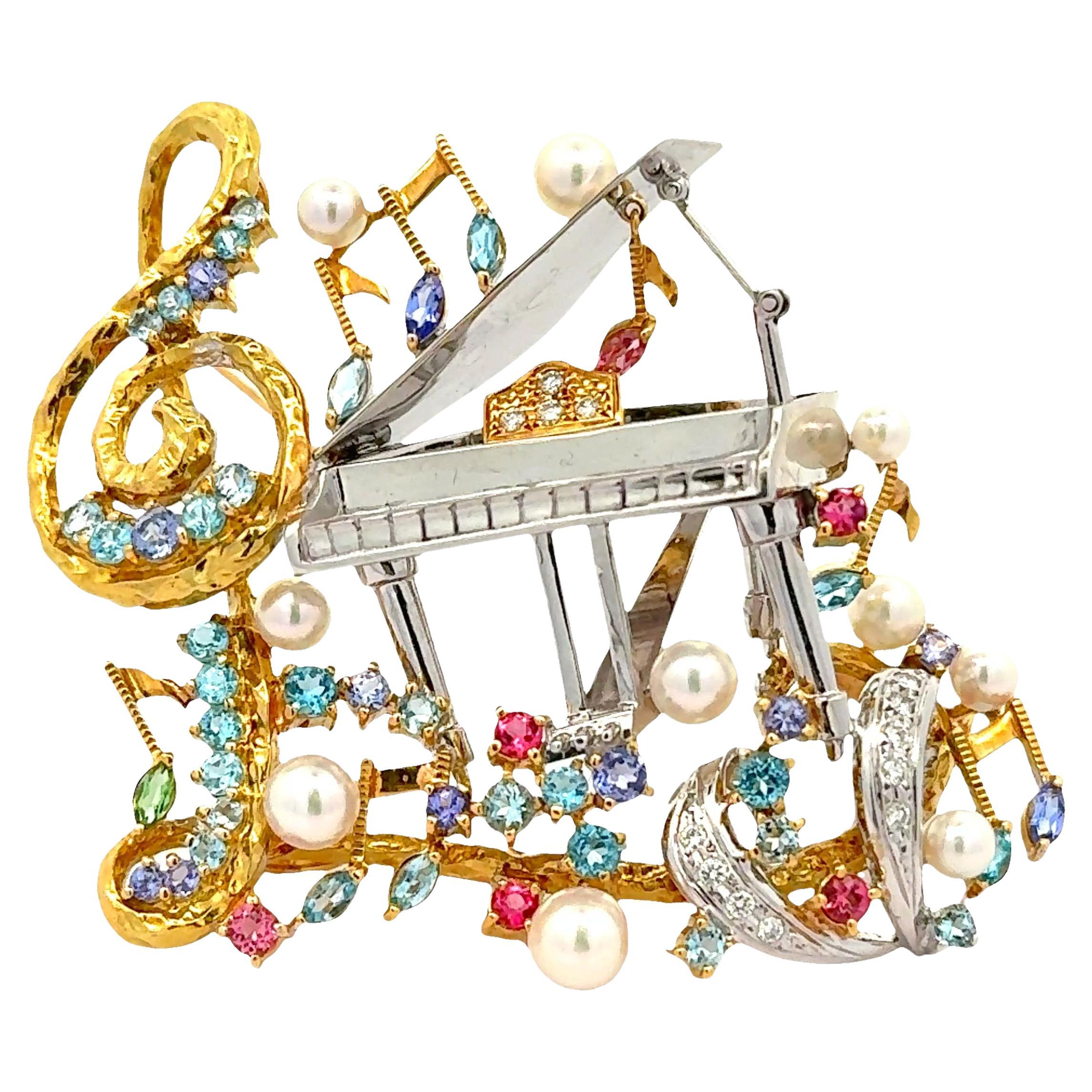 Mehrfarbige Edelsteine Diamant Perle Gold Klavier Musikalisches Motiv Brosche im Angebot