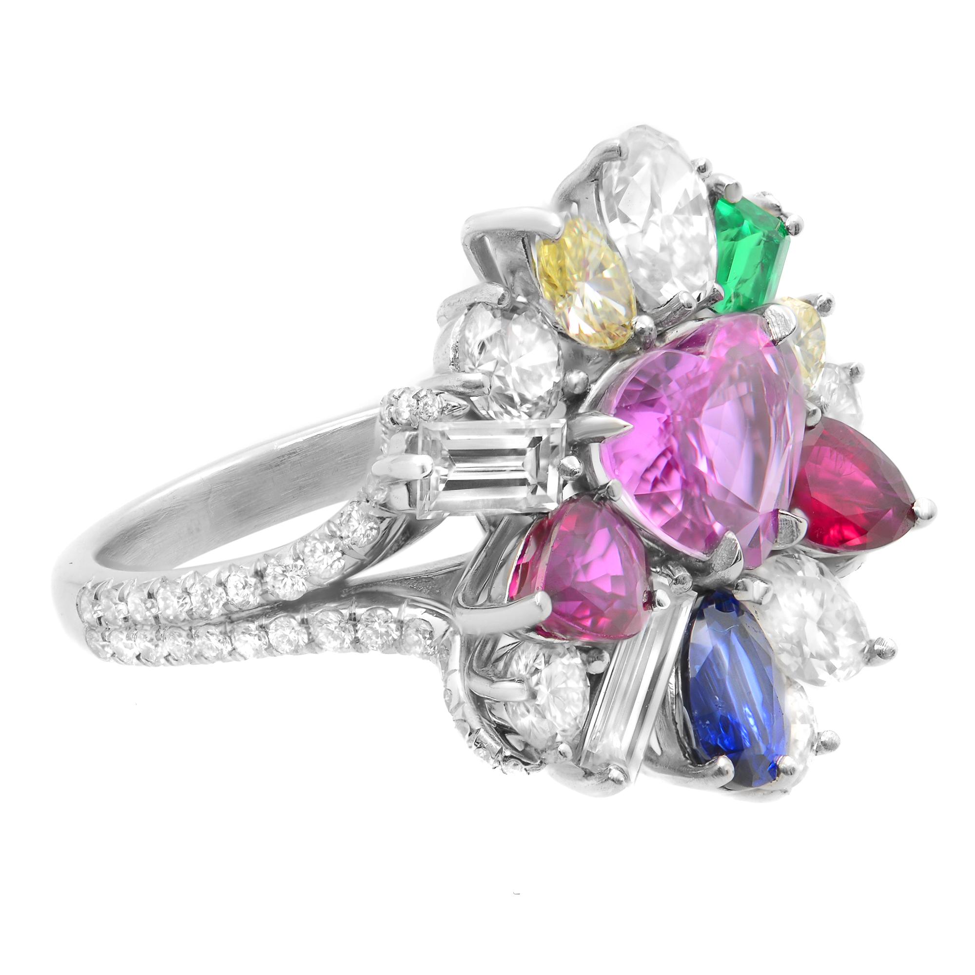 Modern Multi-Colored Gemstones & Diamonds Cocktail Ring Platinum 5.37cttw