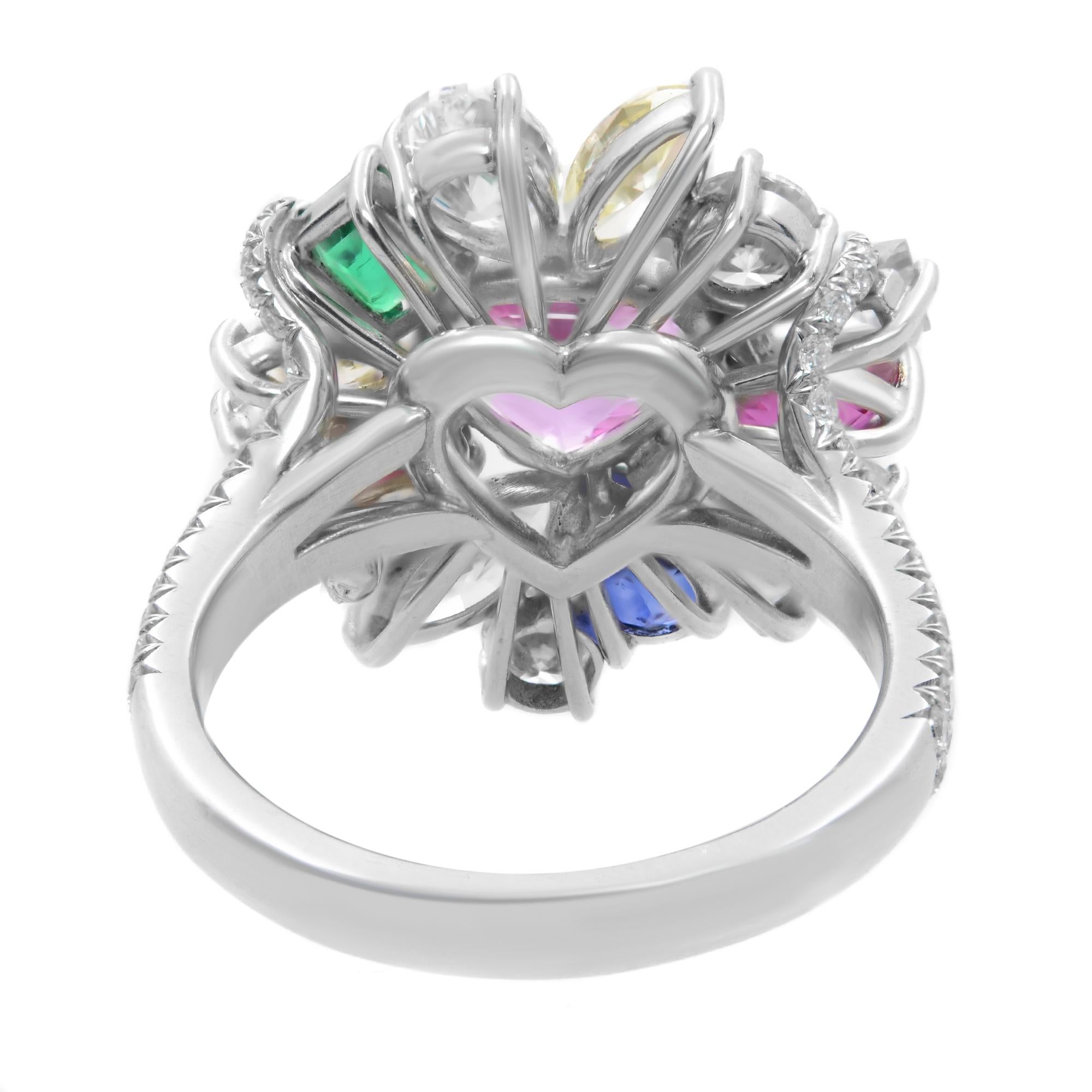 Heart Cut Multi-Colored Gemstones & Diamonds Cocktail Ring Platinum 5.37cttw