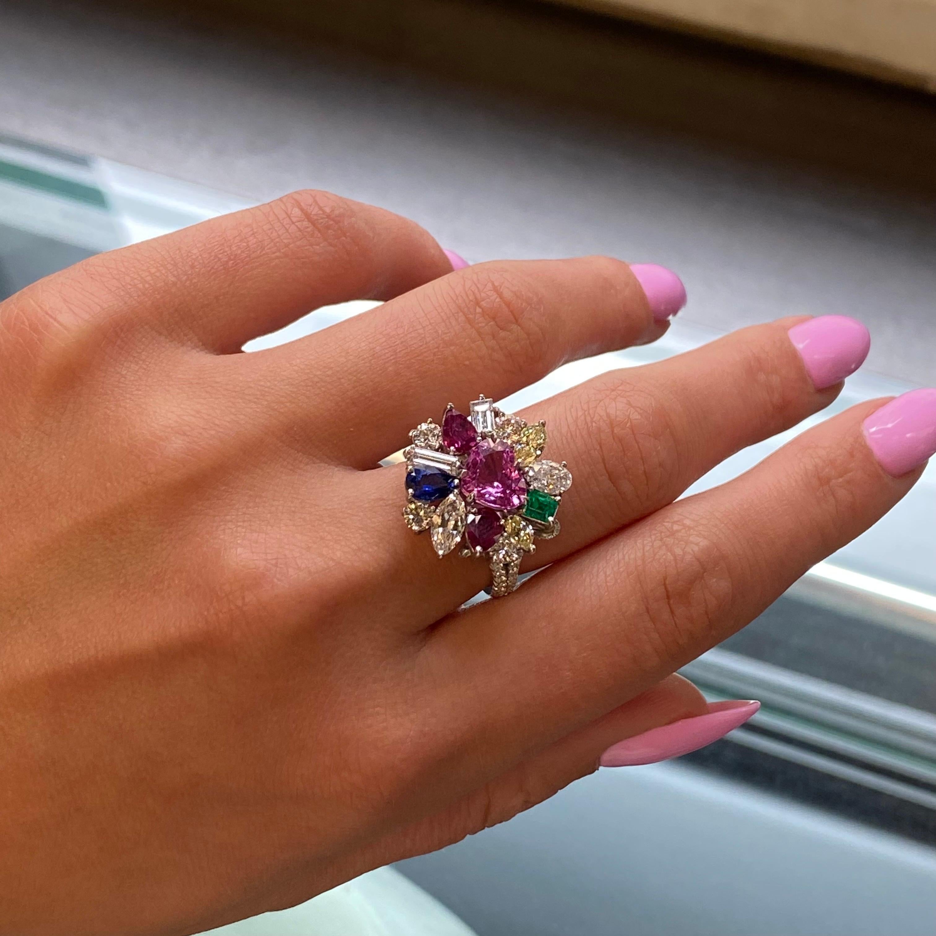 Multi-Colored Gemstones & Diamonds Cocktail Ring Platinum 5.37cttw In New Condition In New York, NY