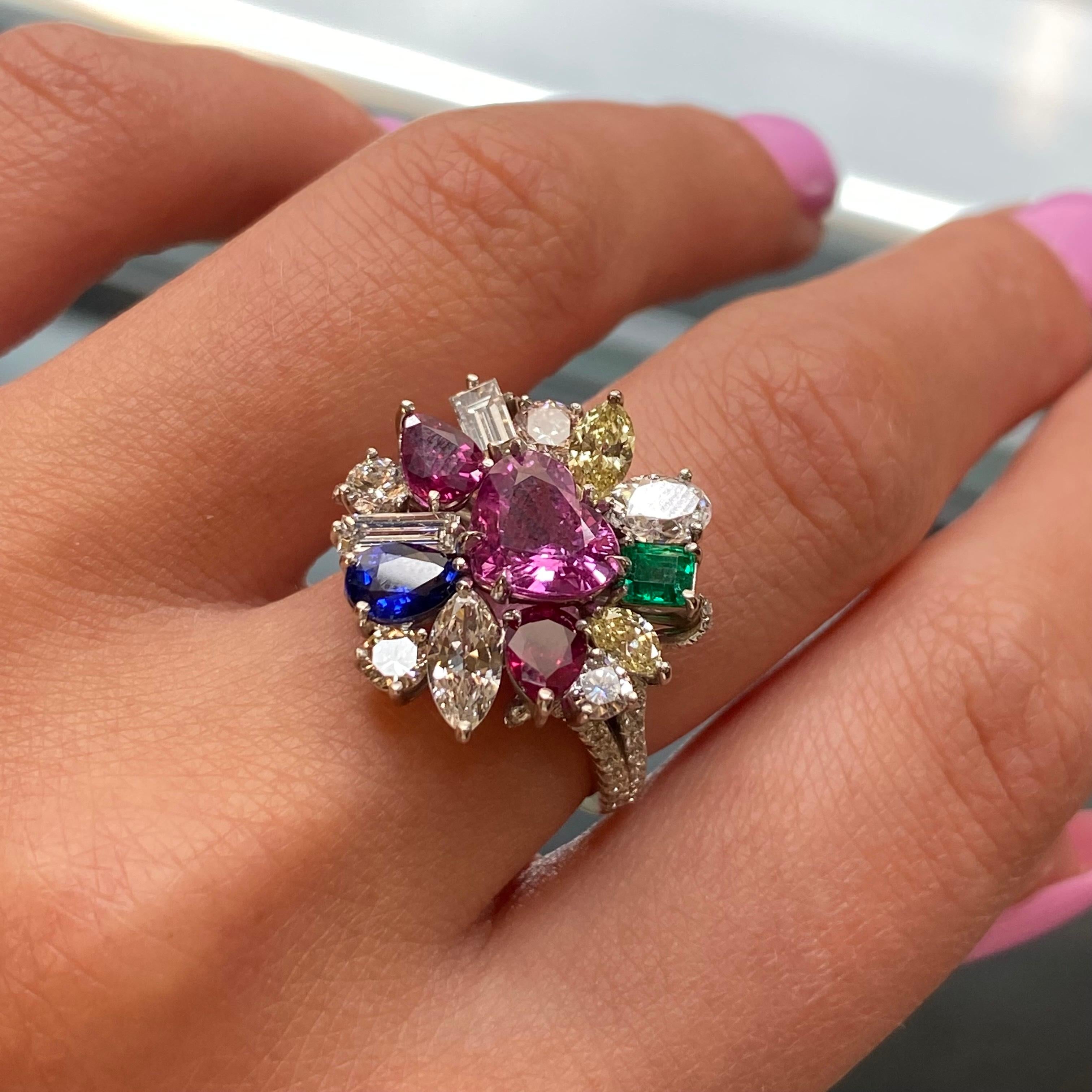 Women's Multi-Colored Gemstones & Diamonds Cocktail Ring Platinum 5.37cttw