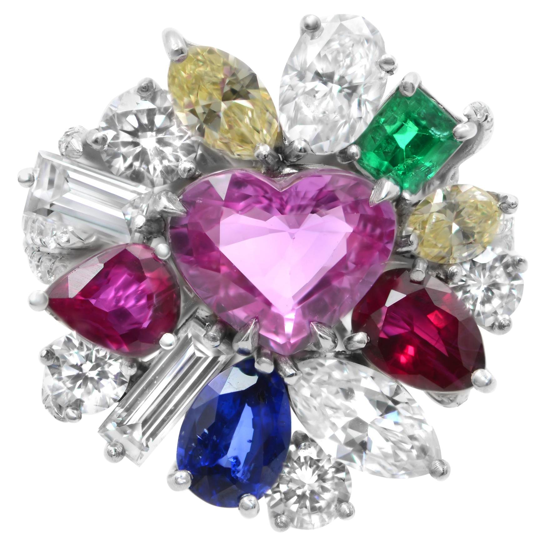 Multi-Colored Gemstones & Diamonds Cocktail Ring Platinum 5.37cttw