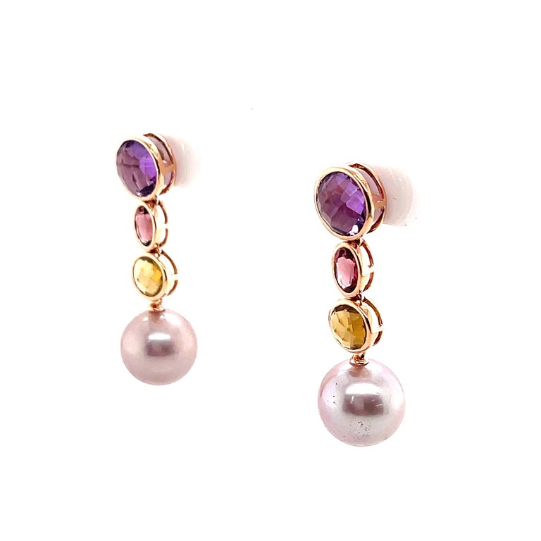Multi Colored Gemstones Pink Freshwater Dangle Drop Earrings 18K Rose ...