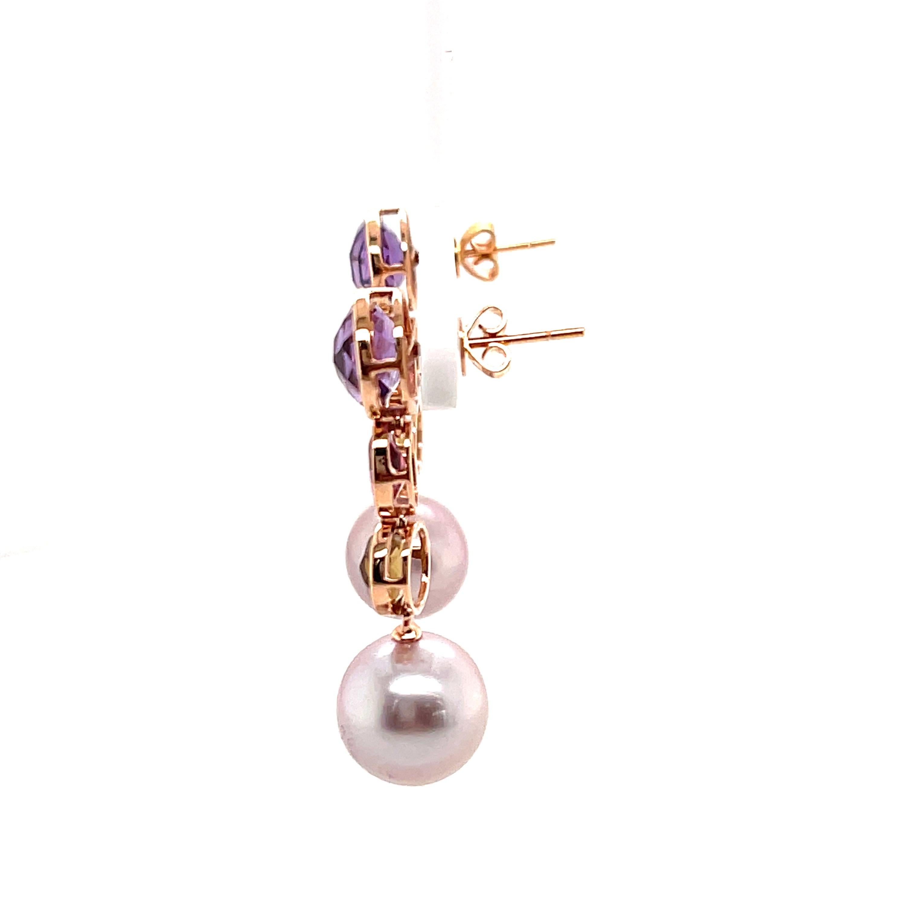 Contemporary Multi Colored Gemstones Pink Freshwater Dangle Drop Earrings 18K Rose Gold For Sale