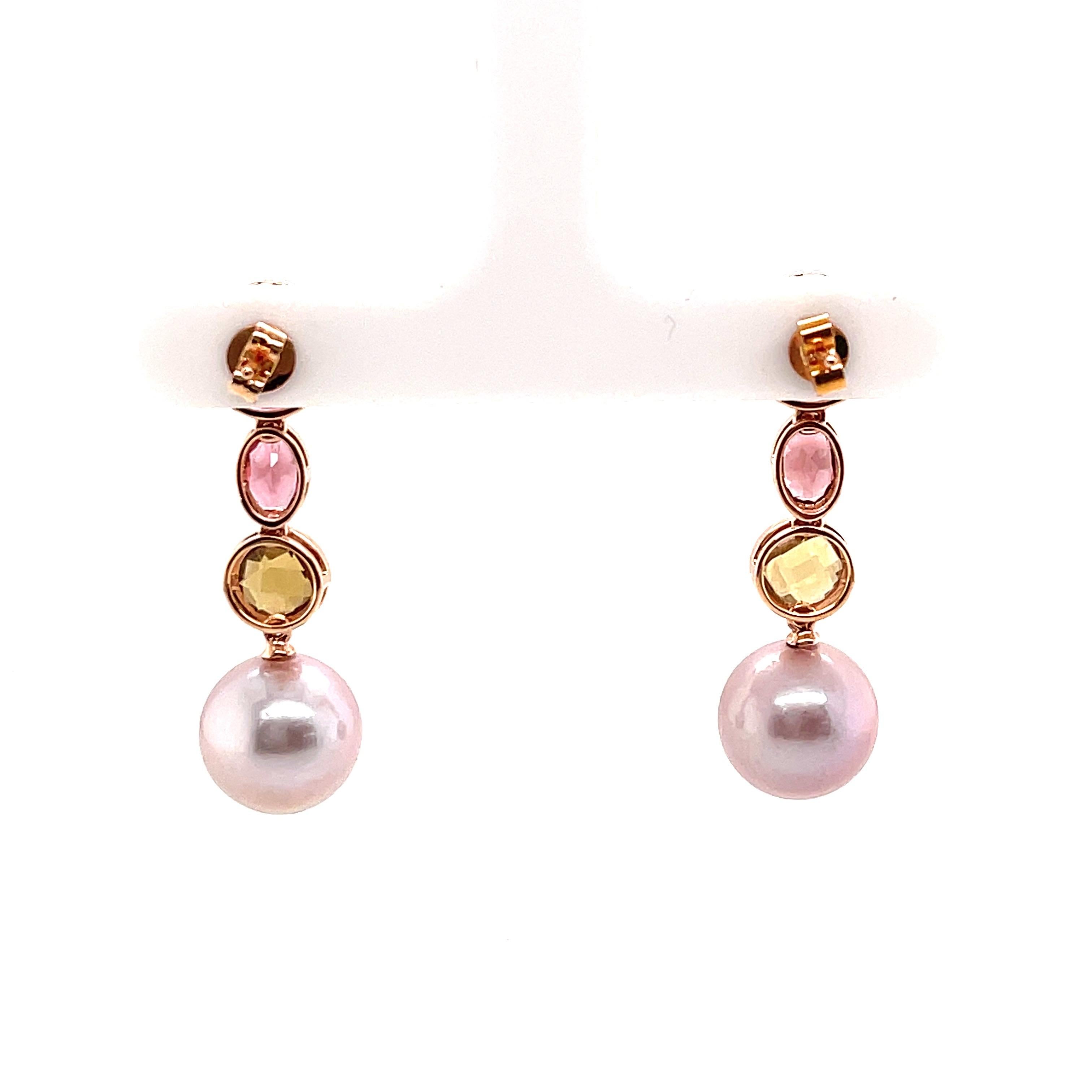 Round Cut Multi Colored Gemstones Pink Freshwater Dangle Drop Earrings 18K Rose Gold For Sale