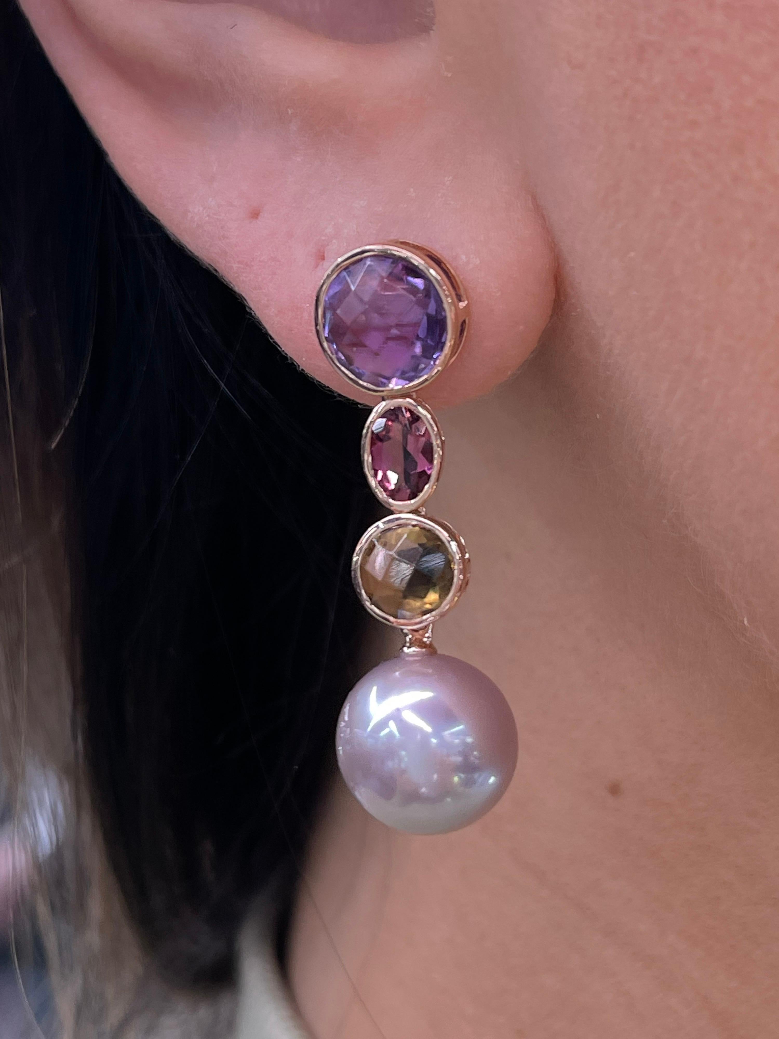 Women's or Men's Multi Colored Gemstones Pink Freshwater Dangle Drop Earrings 18K Rose Gold For Sale