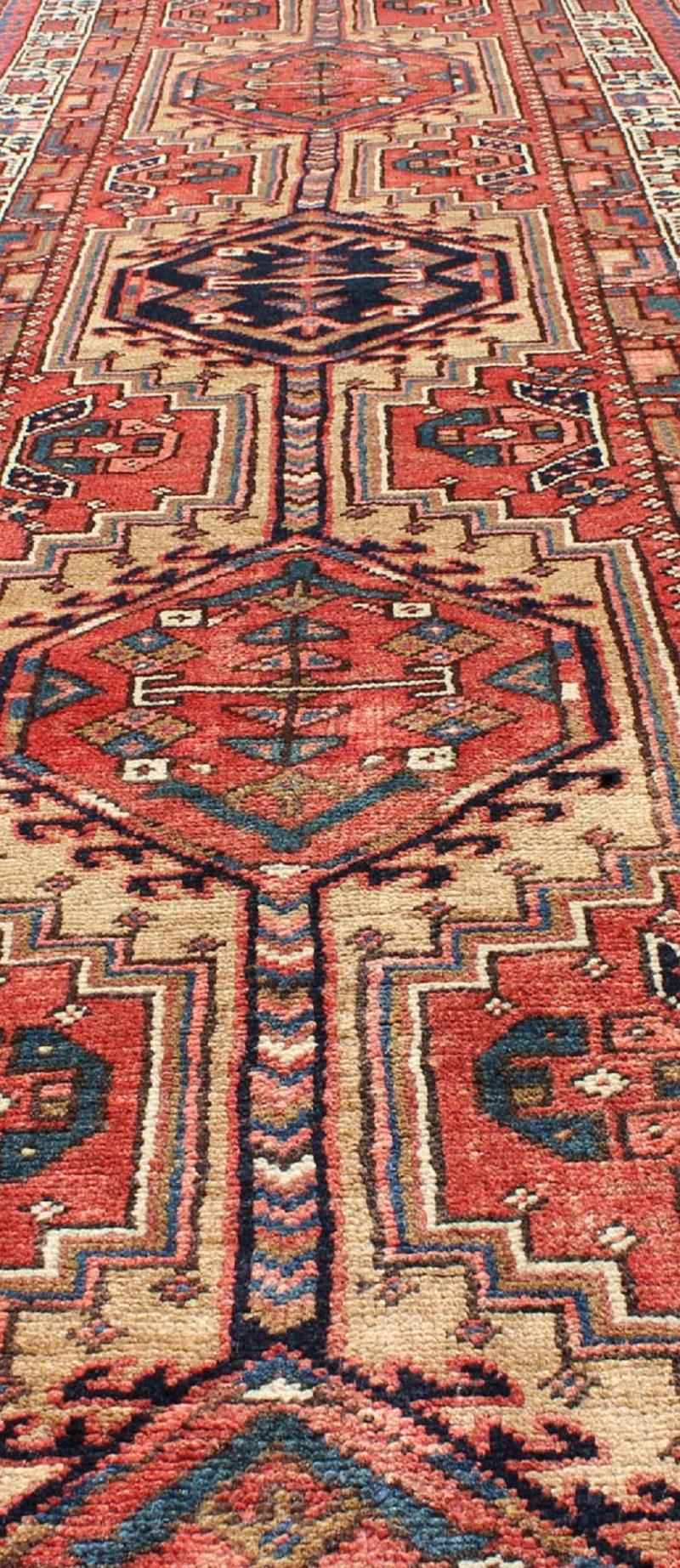 Geometric Antique Persian Heriz Runner with Six Medallions in Light tones For Sale 4