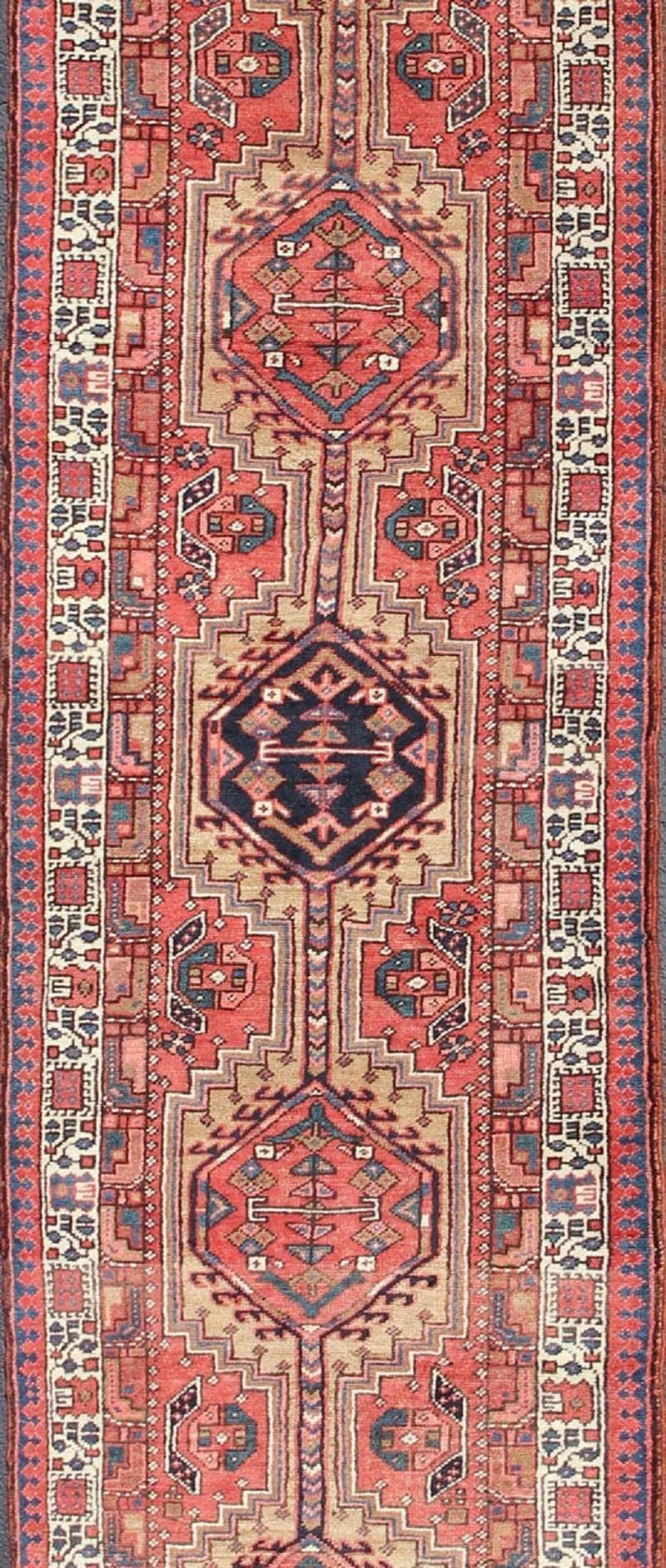 Tribal Geometric Antique Persian Heriz Runner with Six Medallions in Light tones For Sale