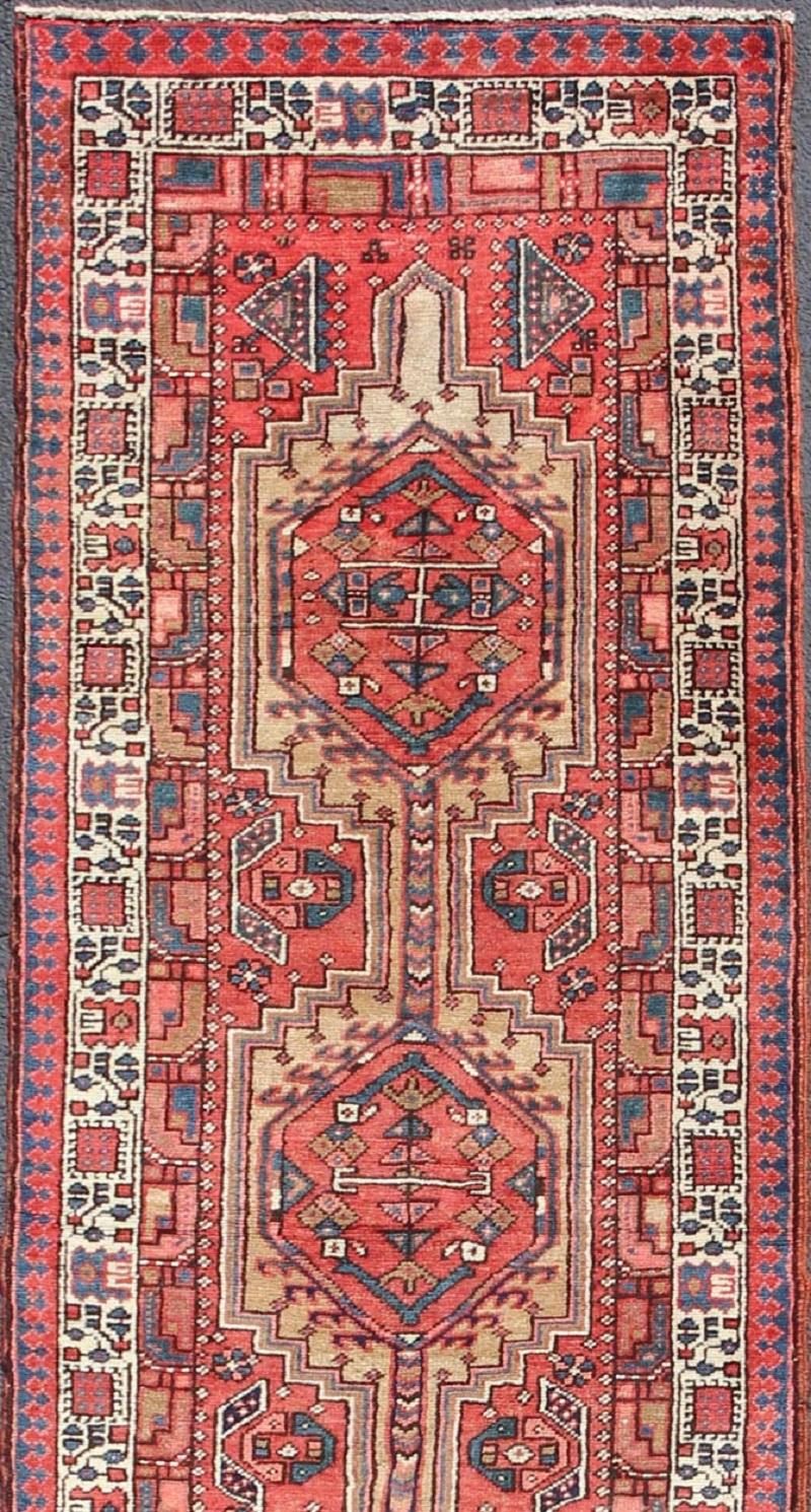 Hand-Knotted Geometric Antique Persian Heriz Runner with Six Medallions in Light tones For Sale