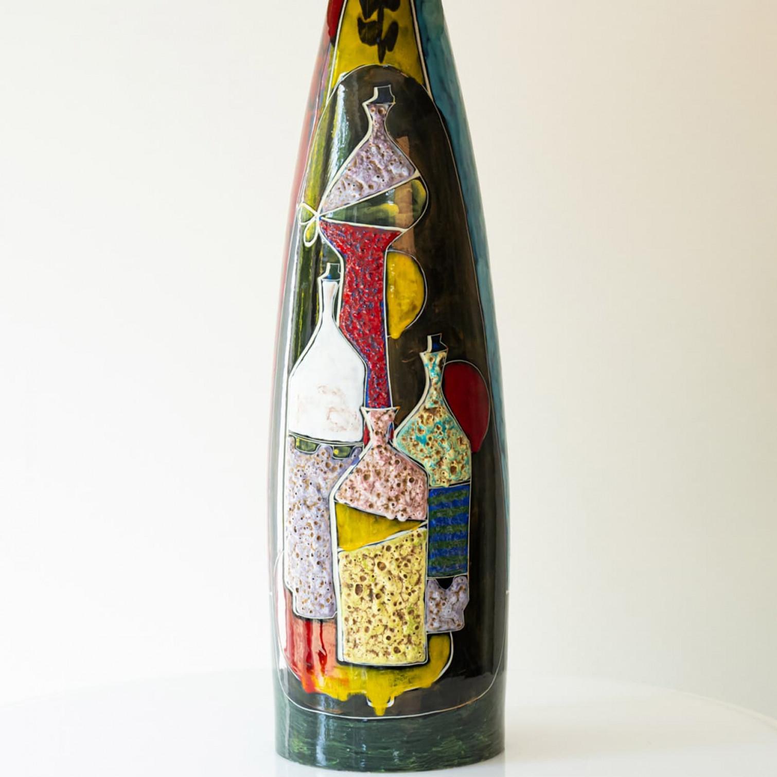 Mid-Century Modern Multi colored Glazed Ceramic Table Lamp, Lampshade by R. Houben, 1970 For Sale