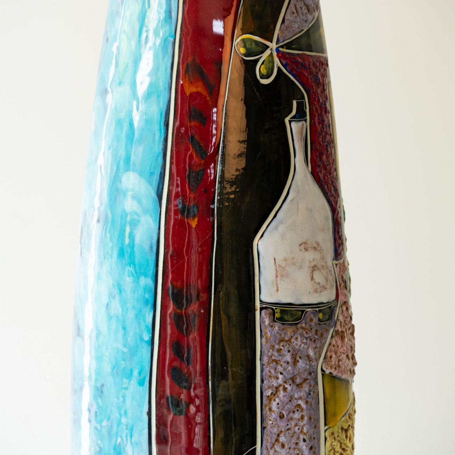 Français Lampe de bureau en céramique émaillée multicolore, abat-jour de R. Houben, 1970 en vente