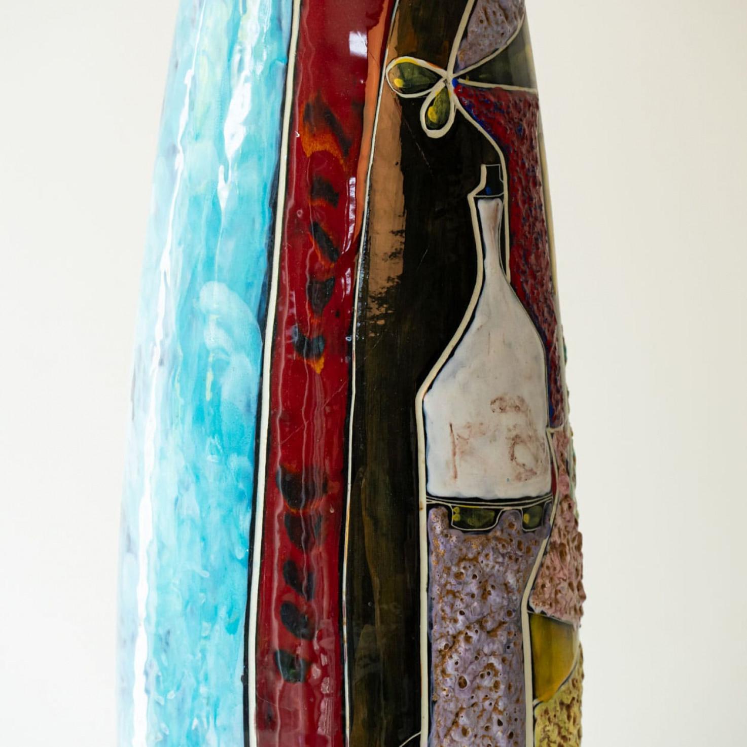 French Multi colored Glazed Ceramic Table Lamp, Lampshade by R. Houben, 1970 For Sale