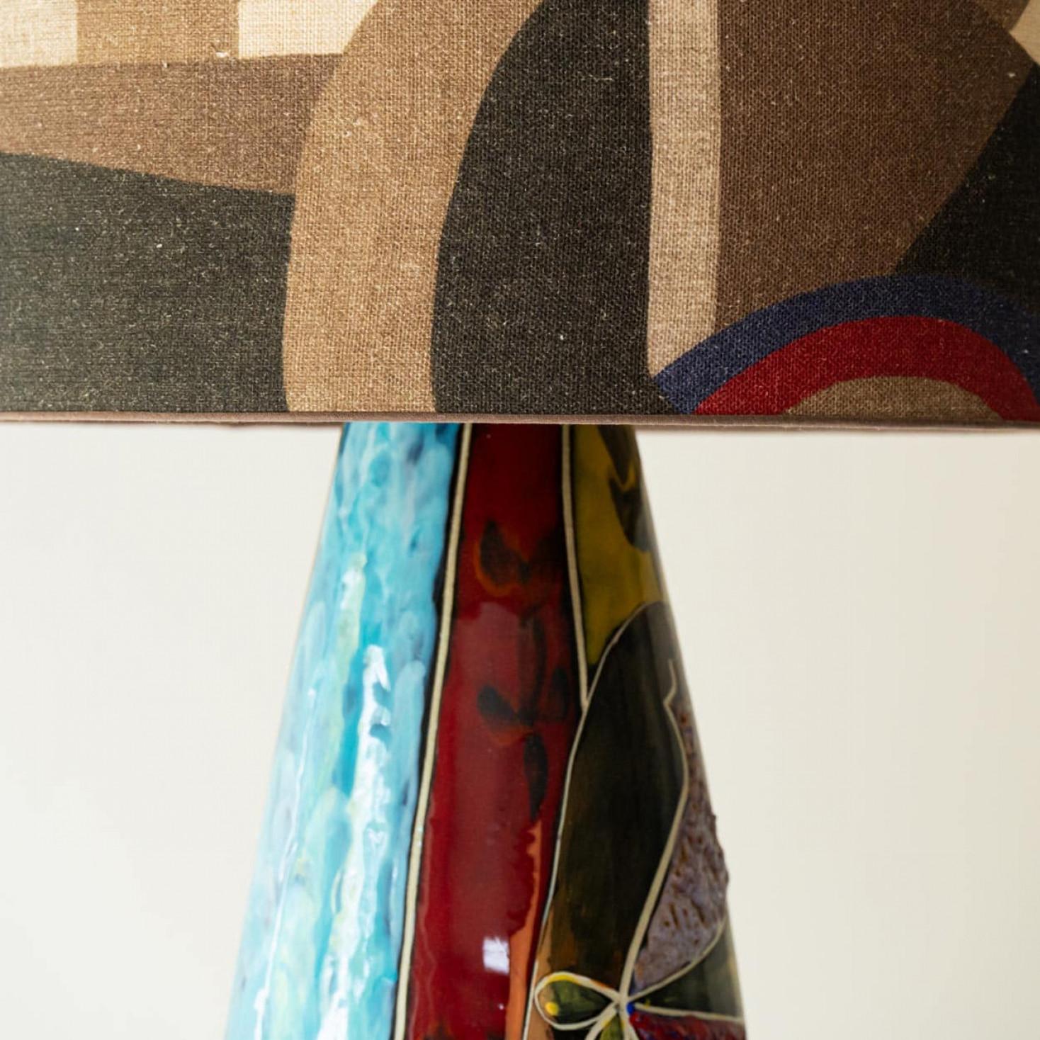 Multi colored Glazed Ceramic Table Lamp, Lampshade by R. Houben, 1970 Otro en venta