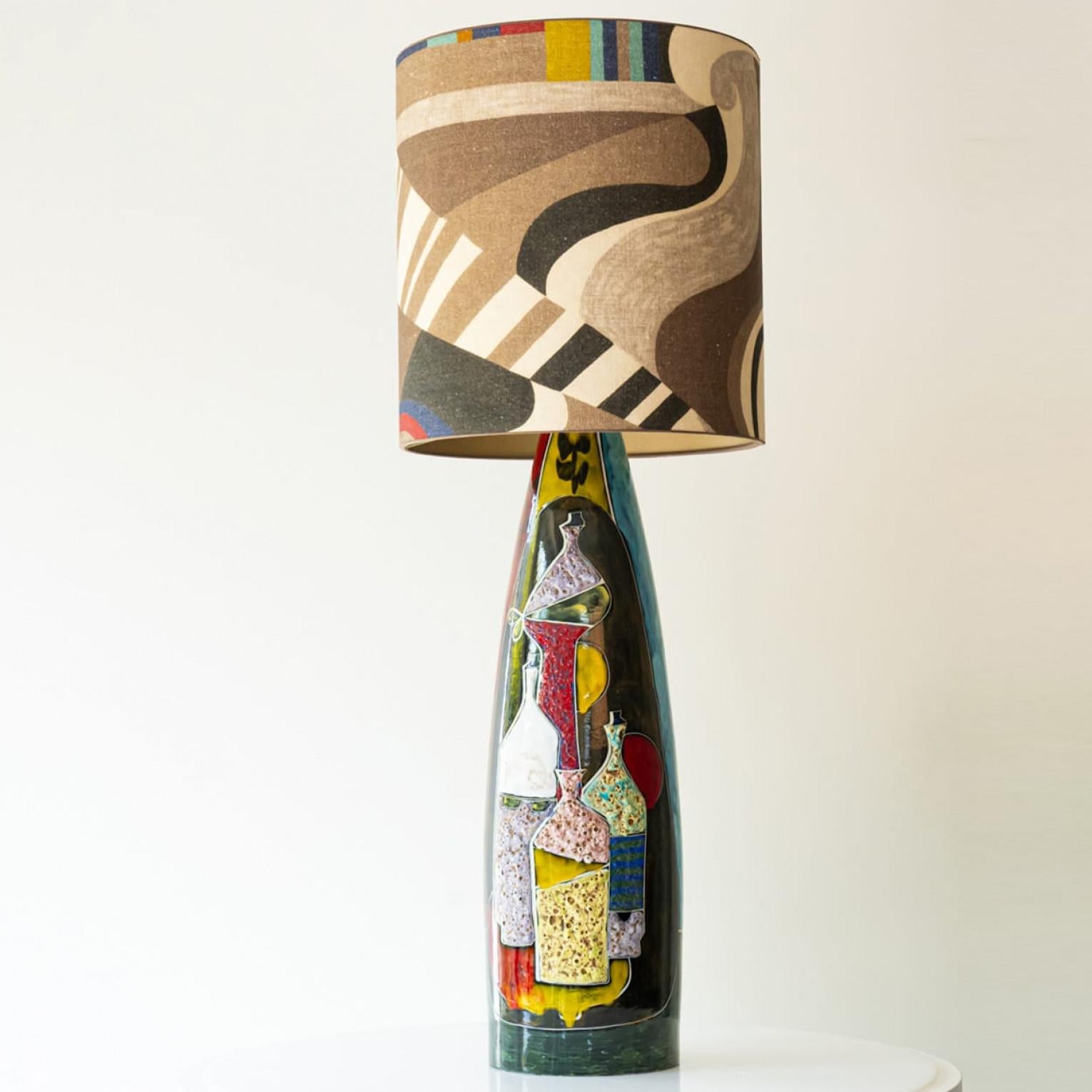 Late 20th Century Multi colored Glazed Ceramic Table Lamp, Lampshade by R. Houben, 1970 For Sale