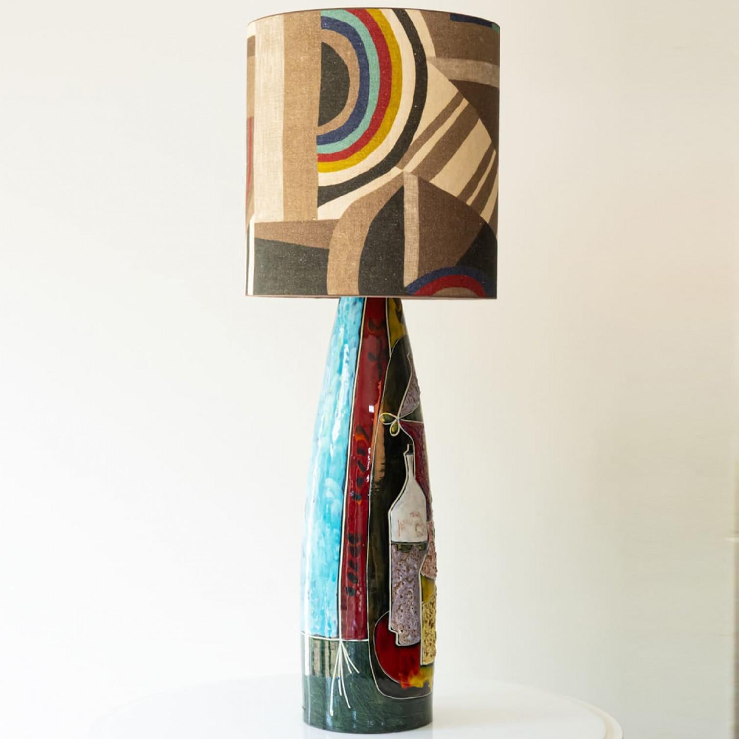 Mehrfarbige glasierte Keramik-Tischlampe, Lampenschirm von R. Houben, 1970 im Angebot 1