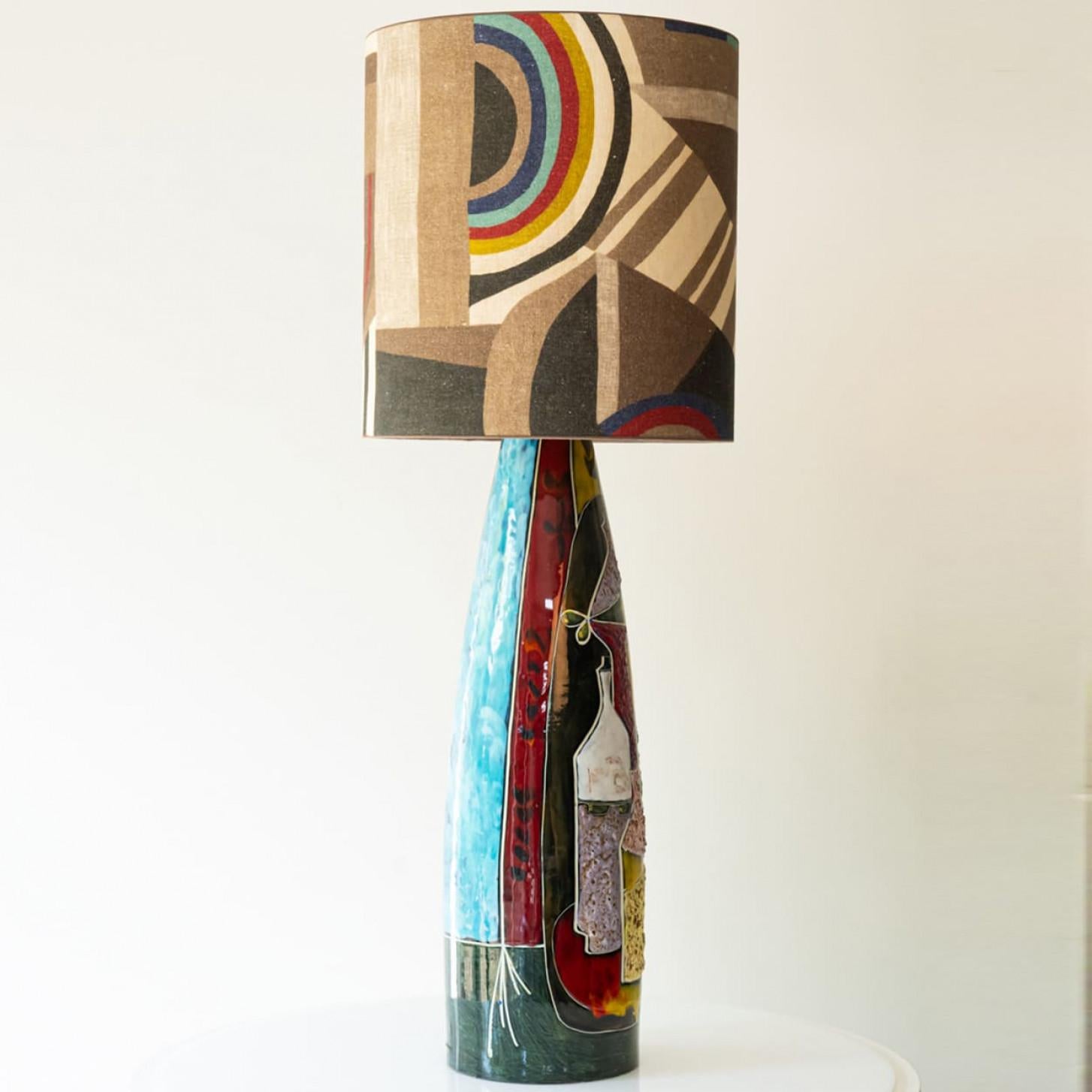 Multi colored Glazed Ceramic Table Lamp, Lampshade by R. Houben, 1970 For Sale 1