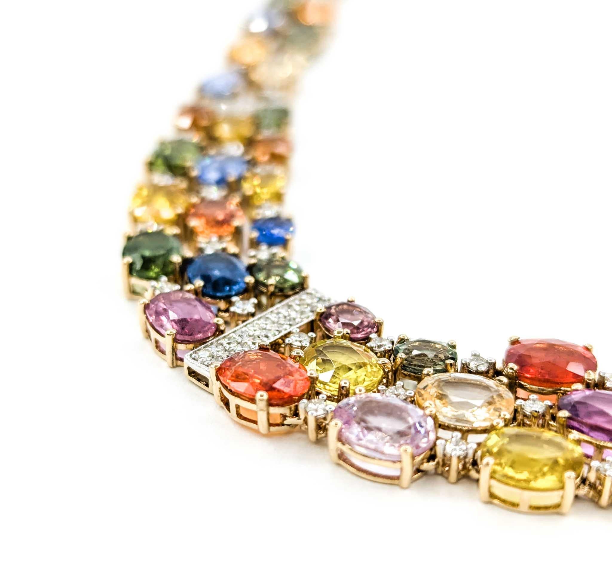 Mehrfarbige abgestufte Saphir-Halskette mit Diamanten aus 14 Karat Gelbgold mit Diamanten 4