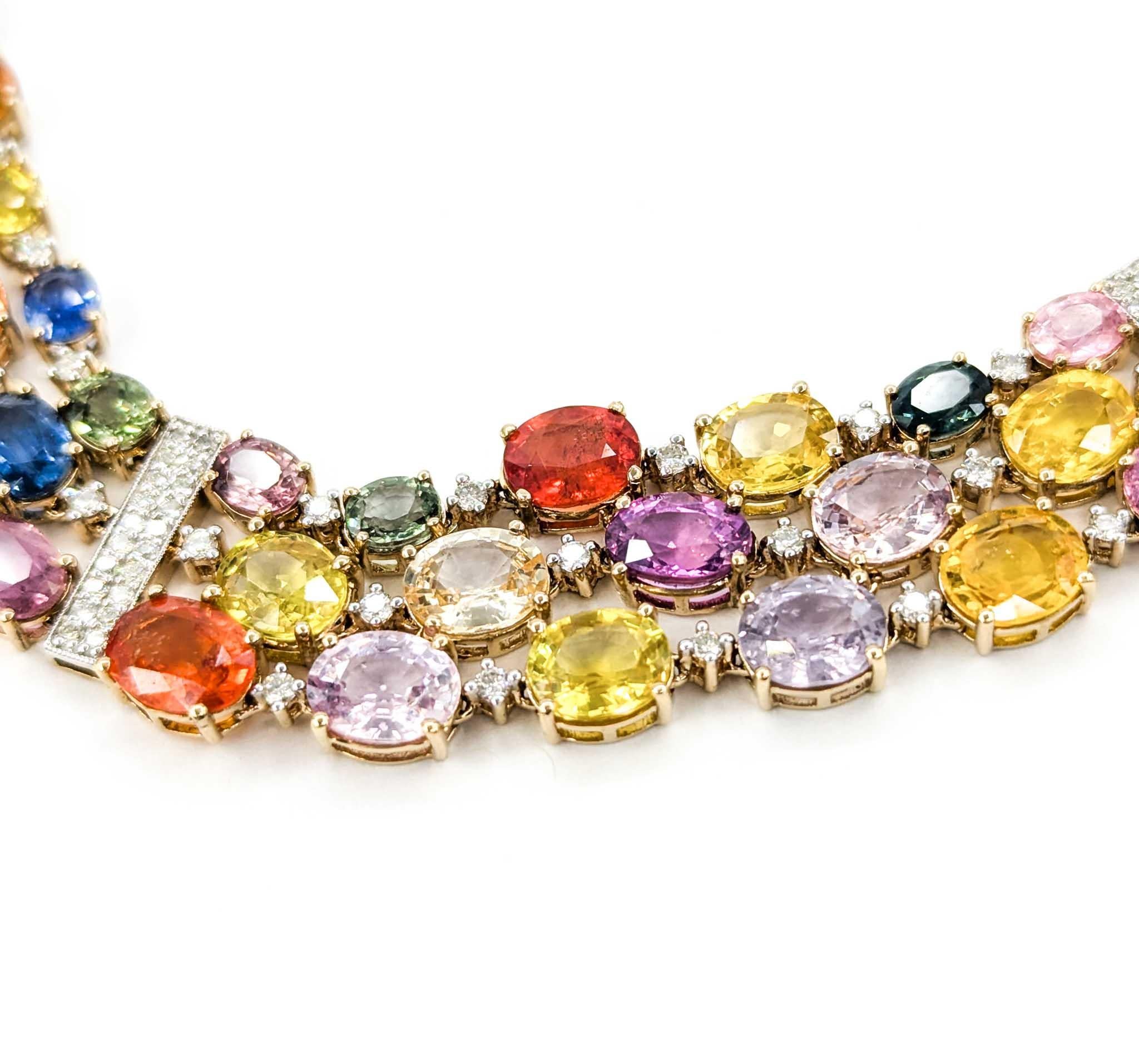 Mehrfarbige abgestufte Saphir-Halskette mit Diamanten aus 14 Karat Gelbgold mit Diamanten 6
