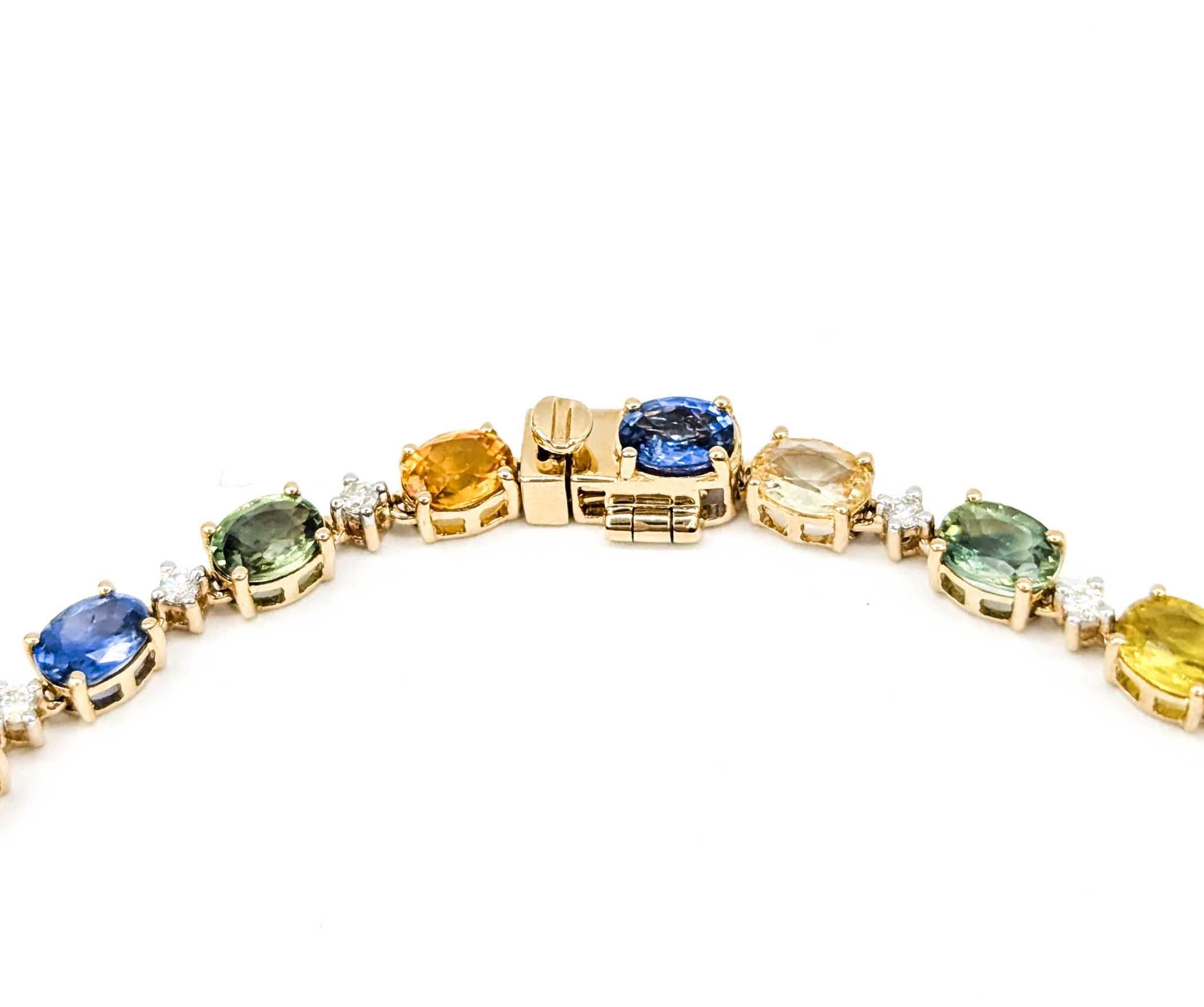 Mehrfarbige abgestufte Saphir-Halskette mit Diamanten aus 14 Karat Gelbgold mit Diamanten Damen