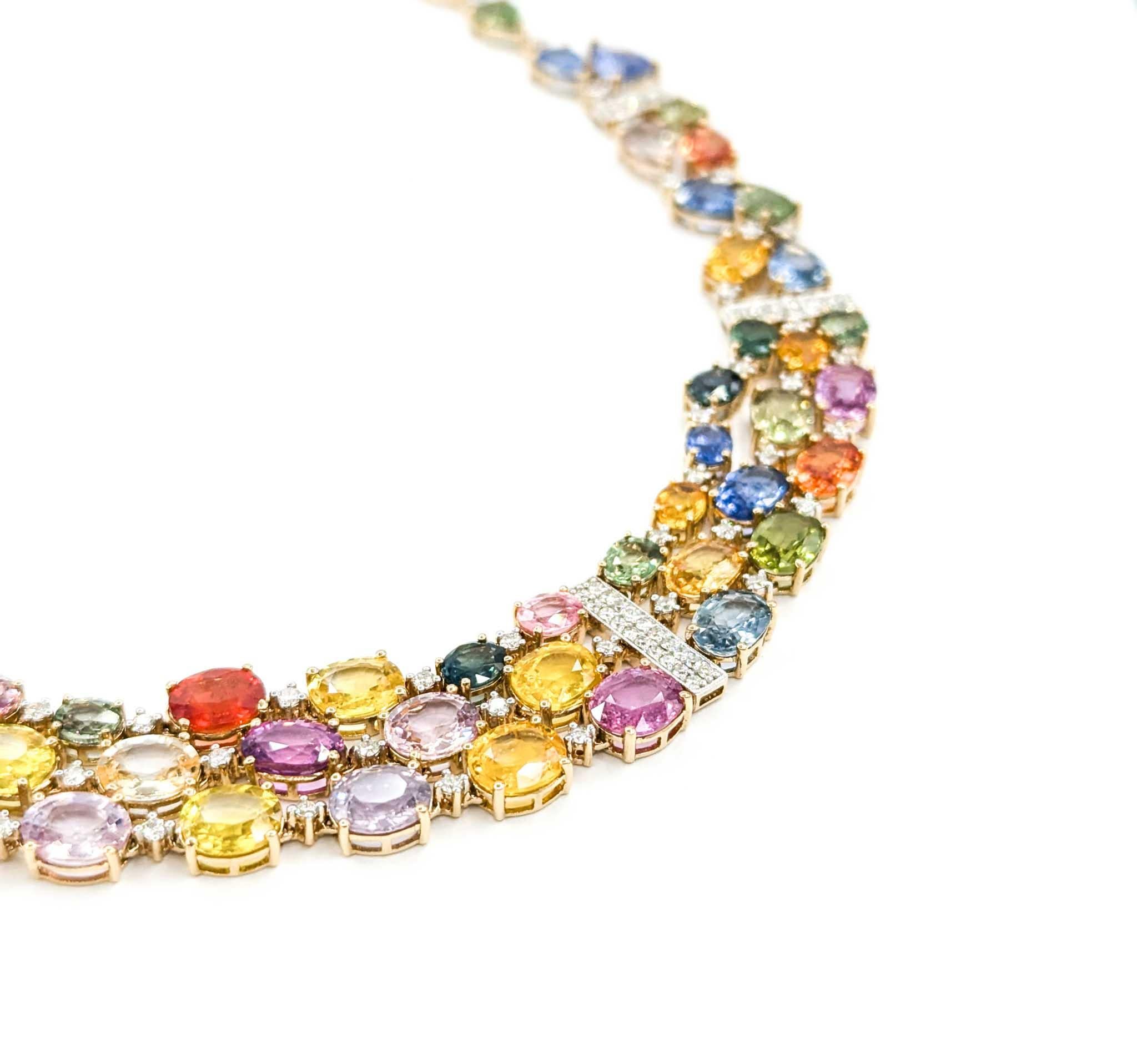 Mehrfarbige abgestufte Saphir-Halskette mit Diamanten aus 14 Karat Gelbgold mit Diamanten 1
