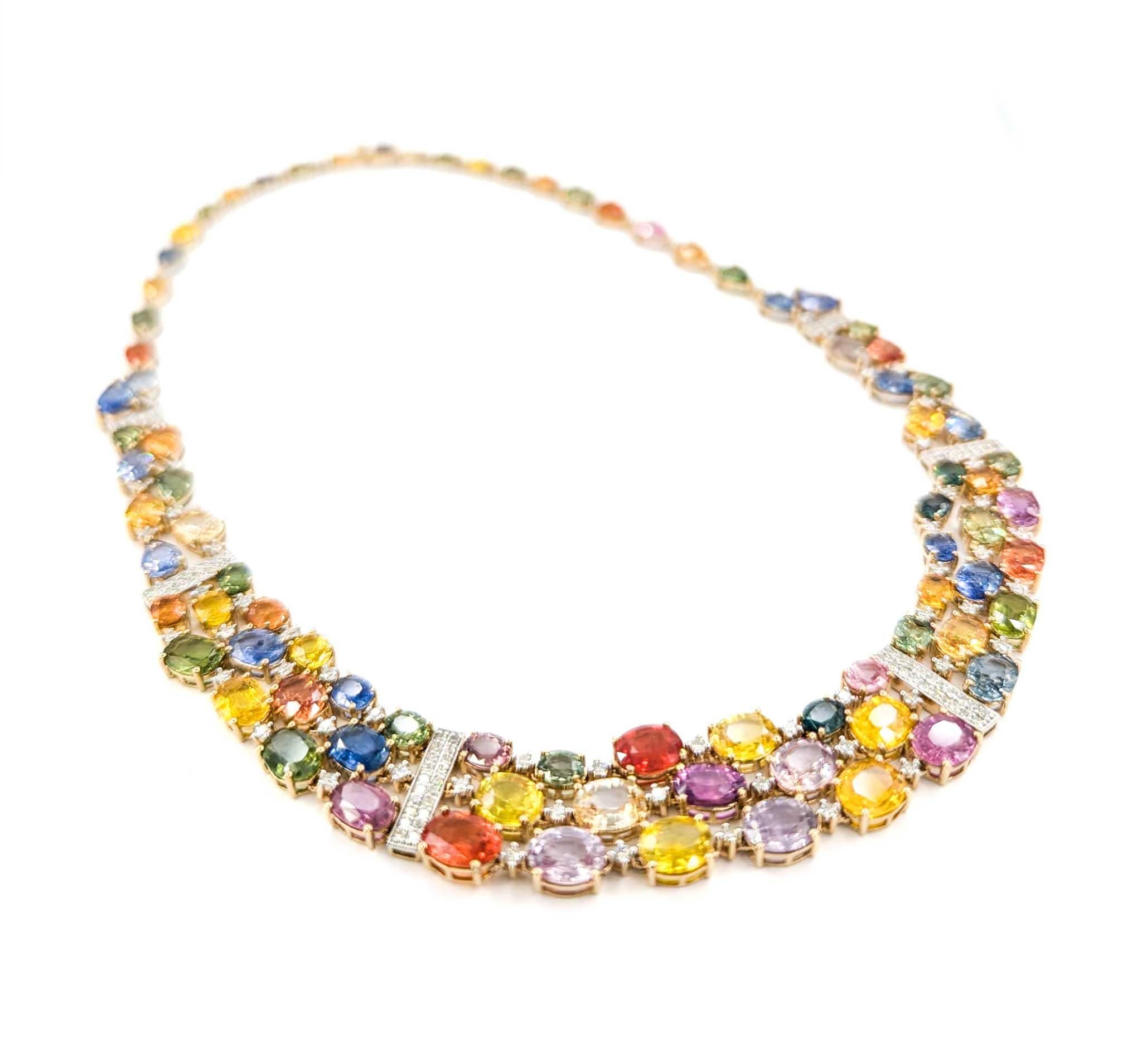 Mehrfarbige abgestufte Saphir-Halskette mit Diamanten aus 14 Karat Gelbgold mit Diamanten 2