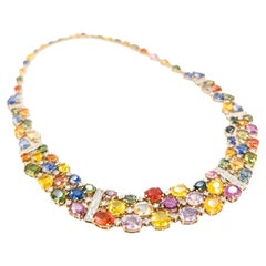 Mehrfarbige abgestufte Saphir-Halskette mit Diamanten aus 14 Karat Gelbgold mit Diamanten