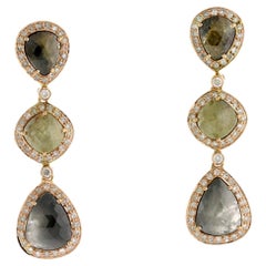 Multi Colored Ice Diamond Dangle Earring with Pave Diamonds in 18k Yellow Gold