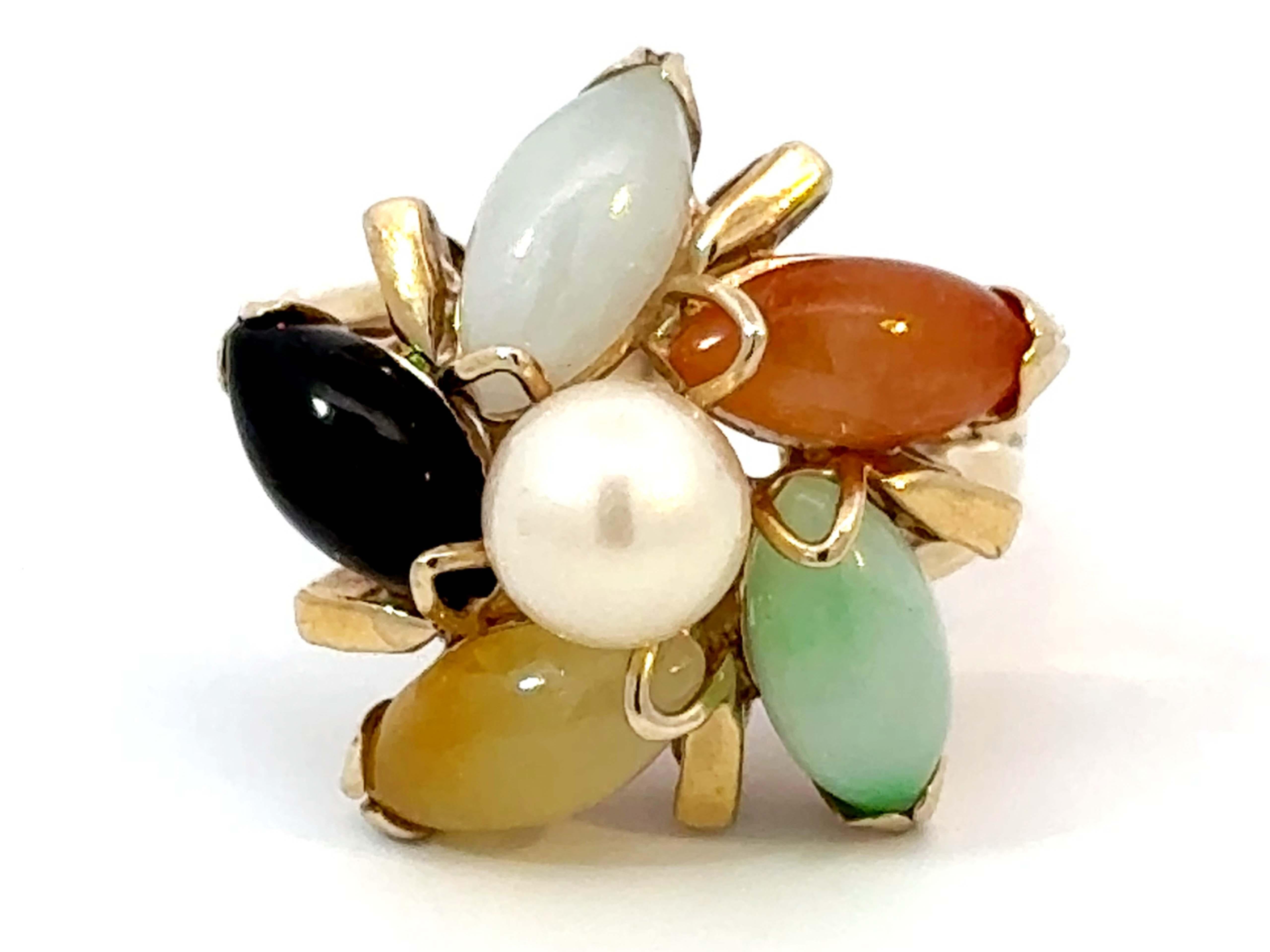 Item Specifications:

Metal: 14k Yellow Gold 

Style: Statement Ring

Ring Size: 8.5 (resizing available for a fee)

Ring Diameter: 21 mm x 20 mm

Total Weight: 8.2 Grams

Gemstone Specifications:

Gemstone: Jade and Pearl
​
​Pearl Diameter: 6.7