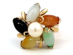Multi Colored Jade Flower and Pearl Center Ring 14K Yellow Gold