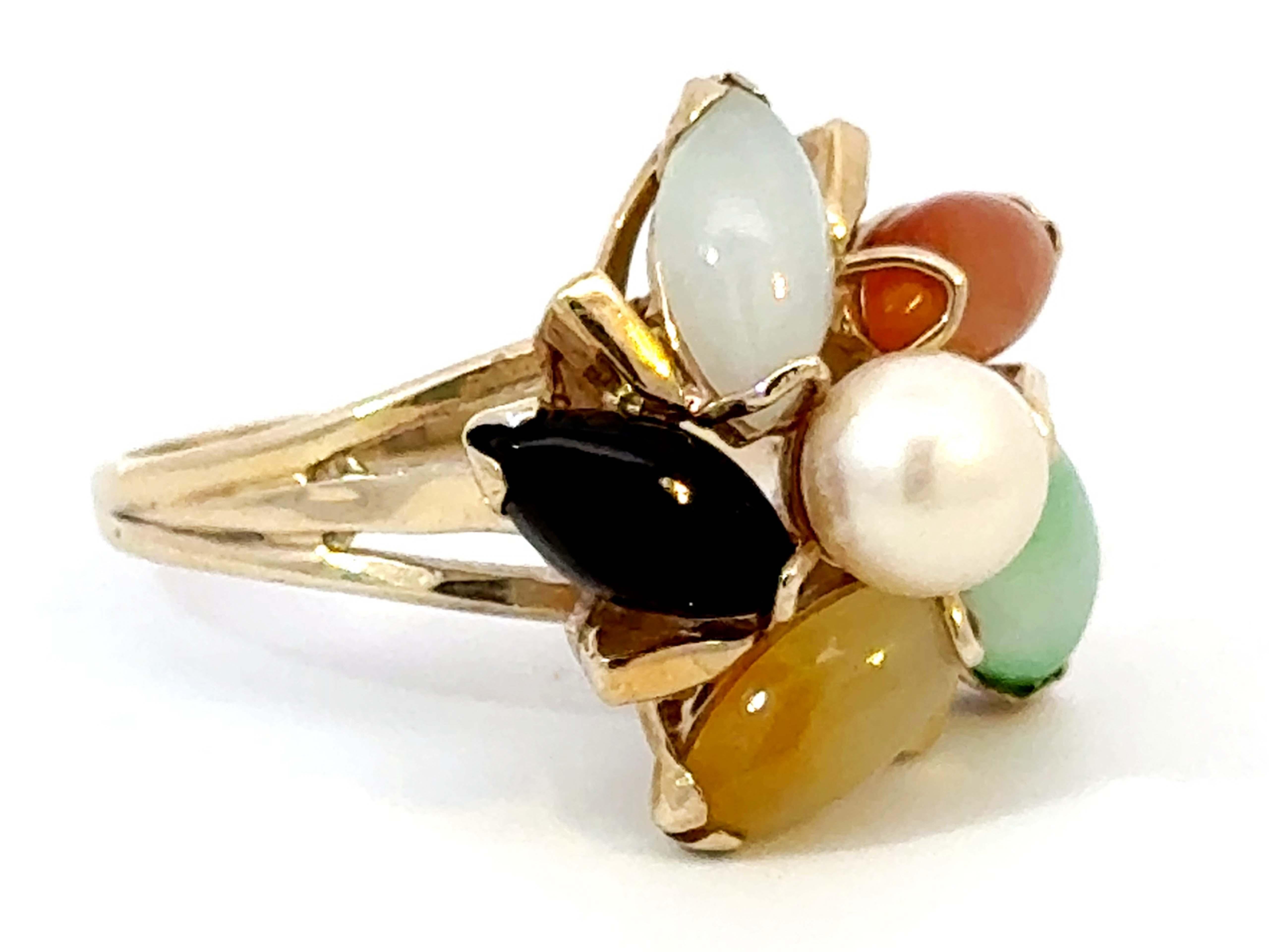 Oval Cut Multi Colored Jade Flower and Pearl Center Ring 14K Yellow Gold For Sale