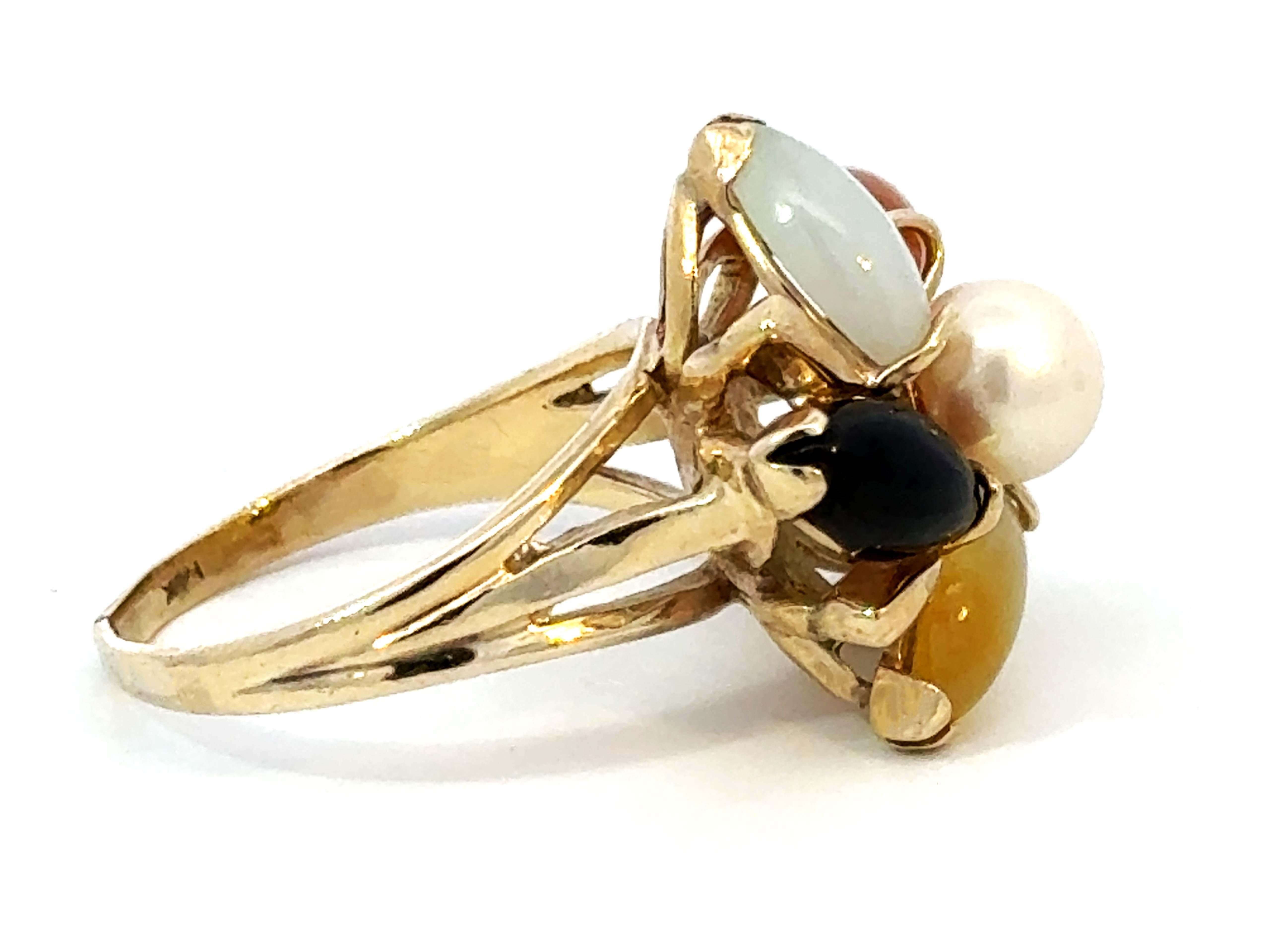 Women's Multi Colored Jade Flower and Pearl Center Ring 14K Yellow Gold For Sale