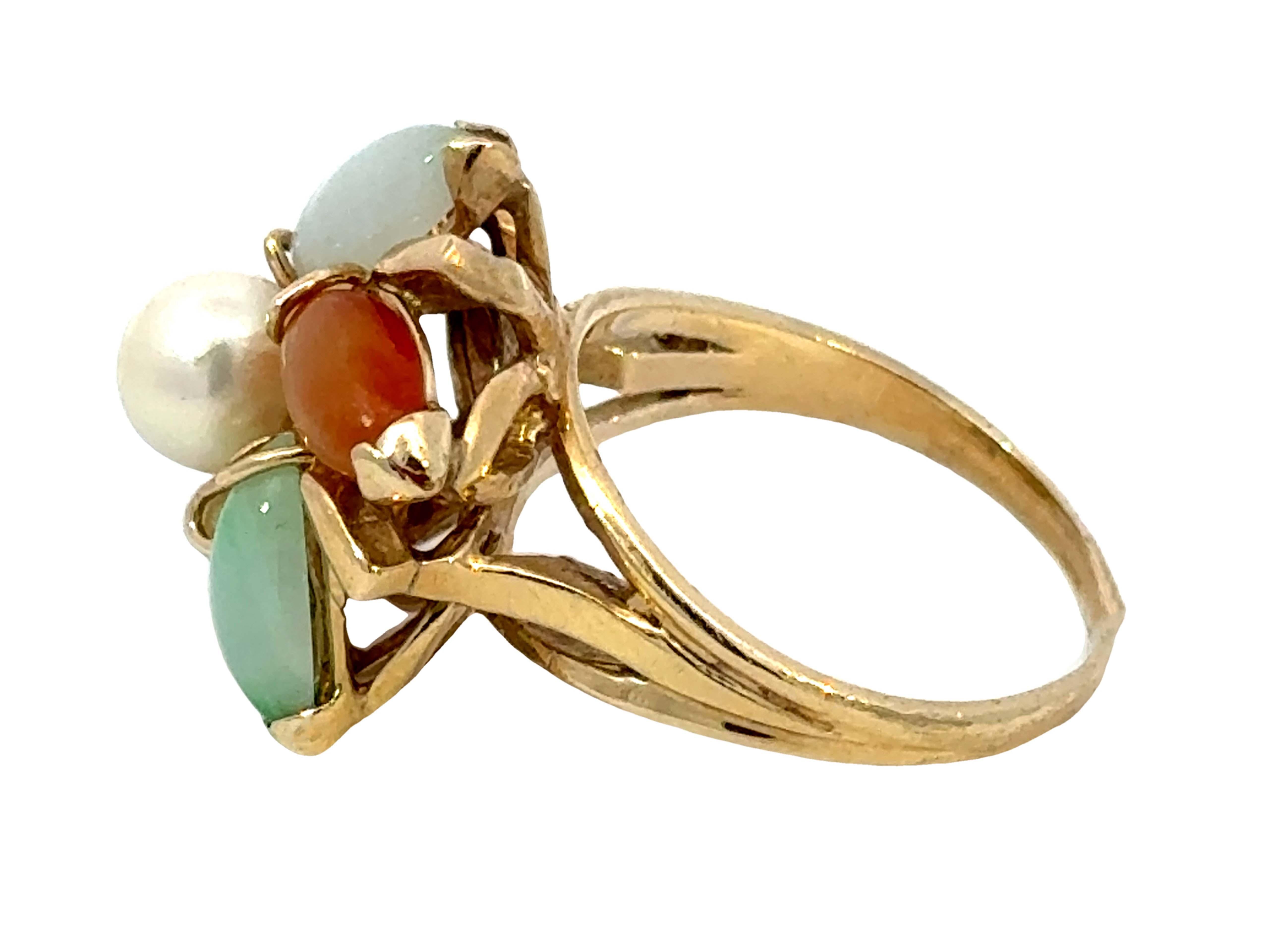 Multi Colored Jade Flower and Pearl Center Ring 14K Yellow Gold For Sale 1