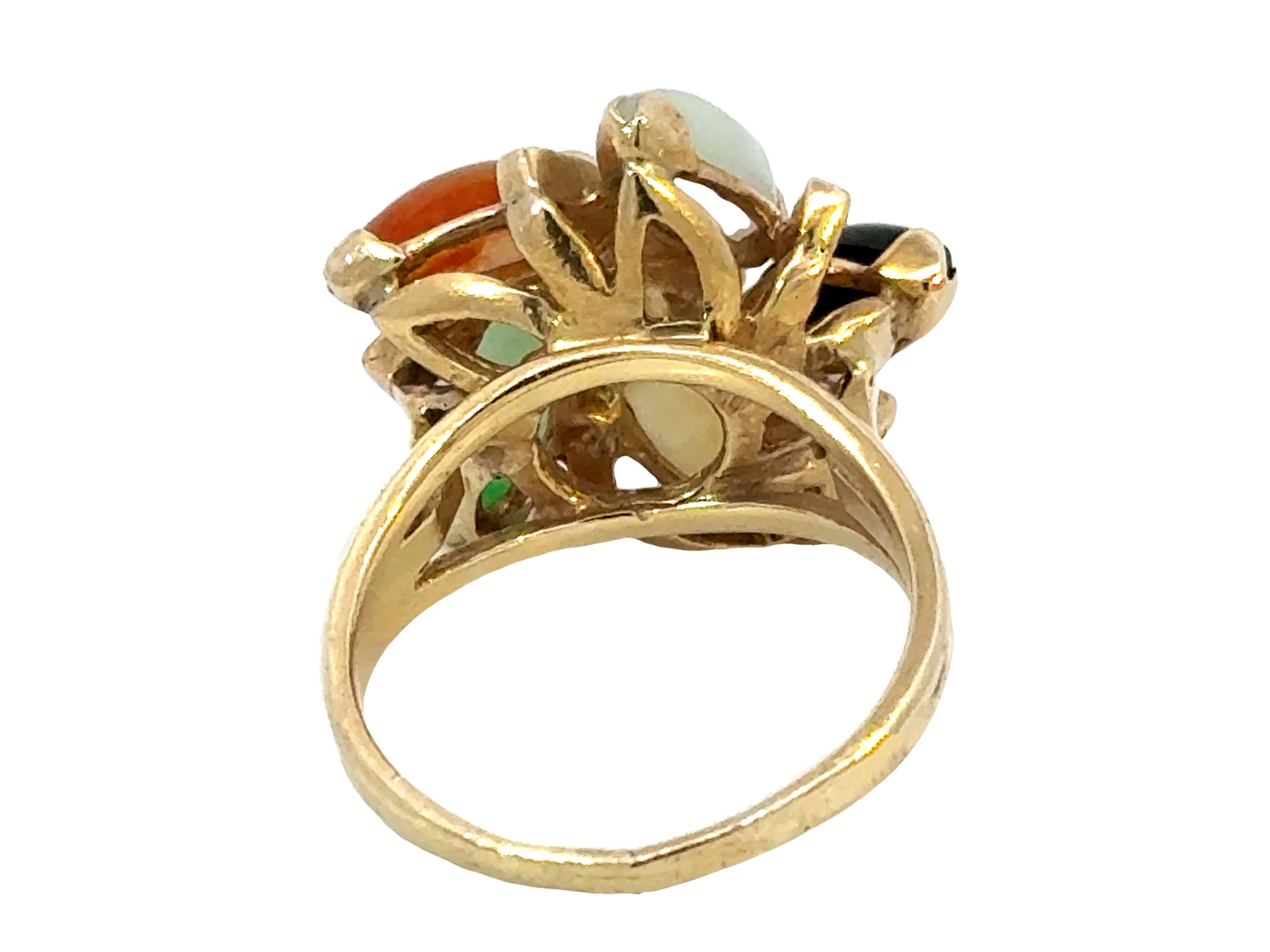 Multi Colored Jade Flower and Pearl Center Ring 14K Yellow Gold For Sale 2