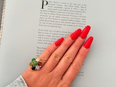 Multi Colored Jade Flower Ring 14K Yellow Gold