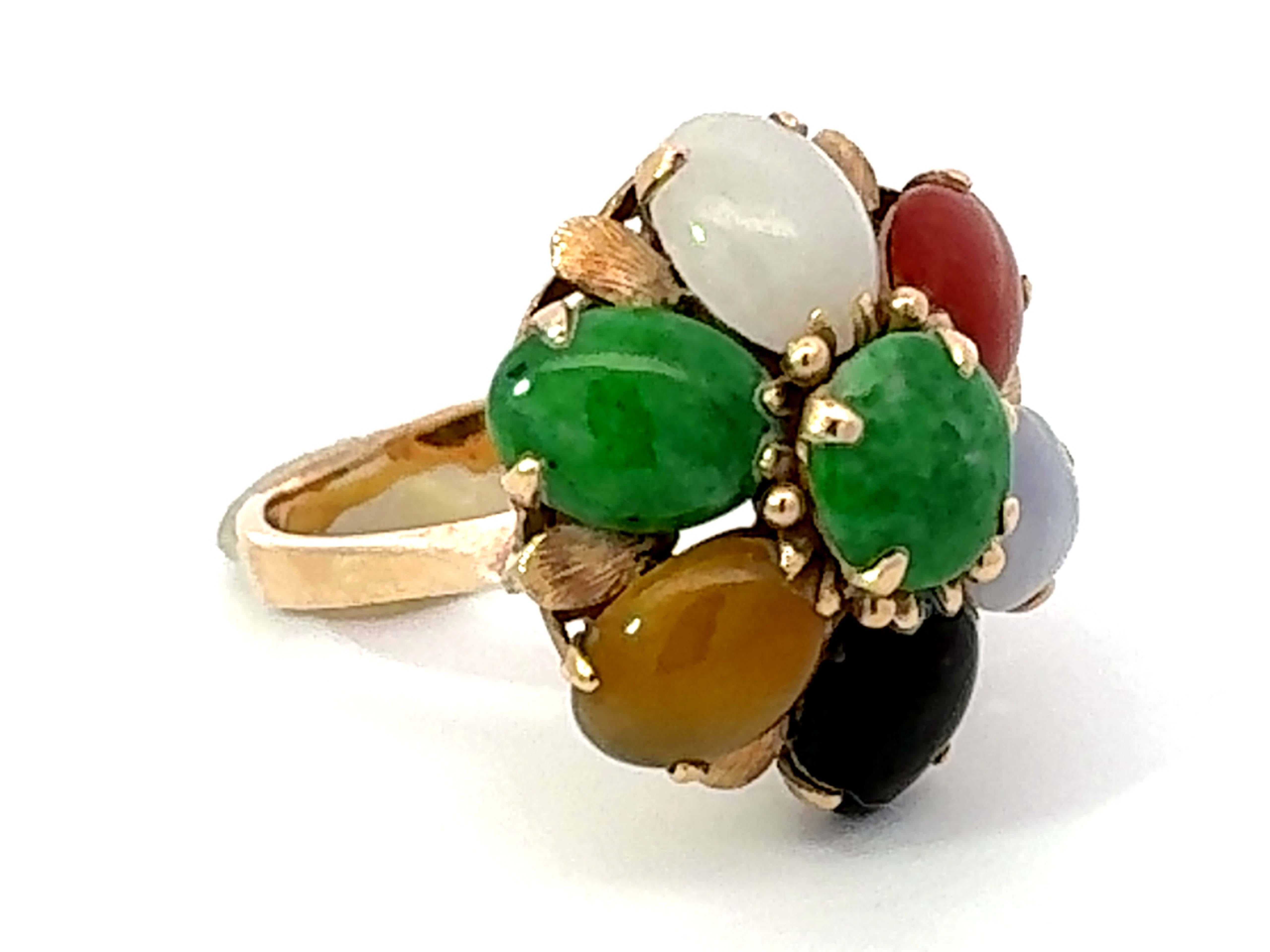 Modern Multi Colored Jade Flower Ring 14K Yellow Gold For Sale