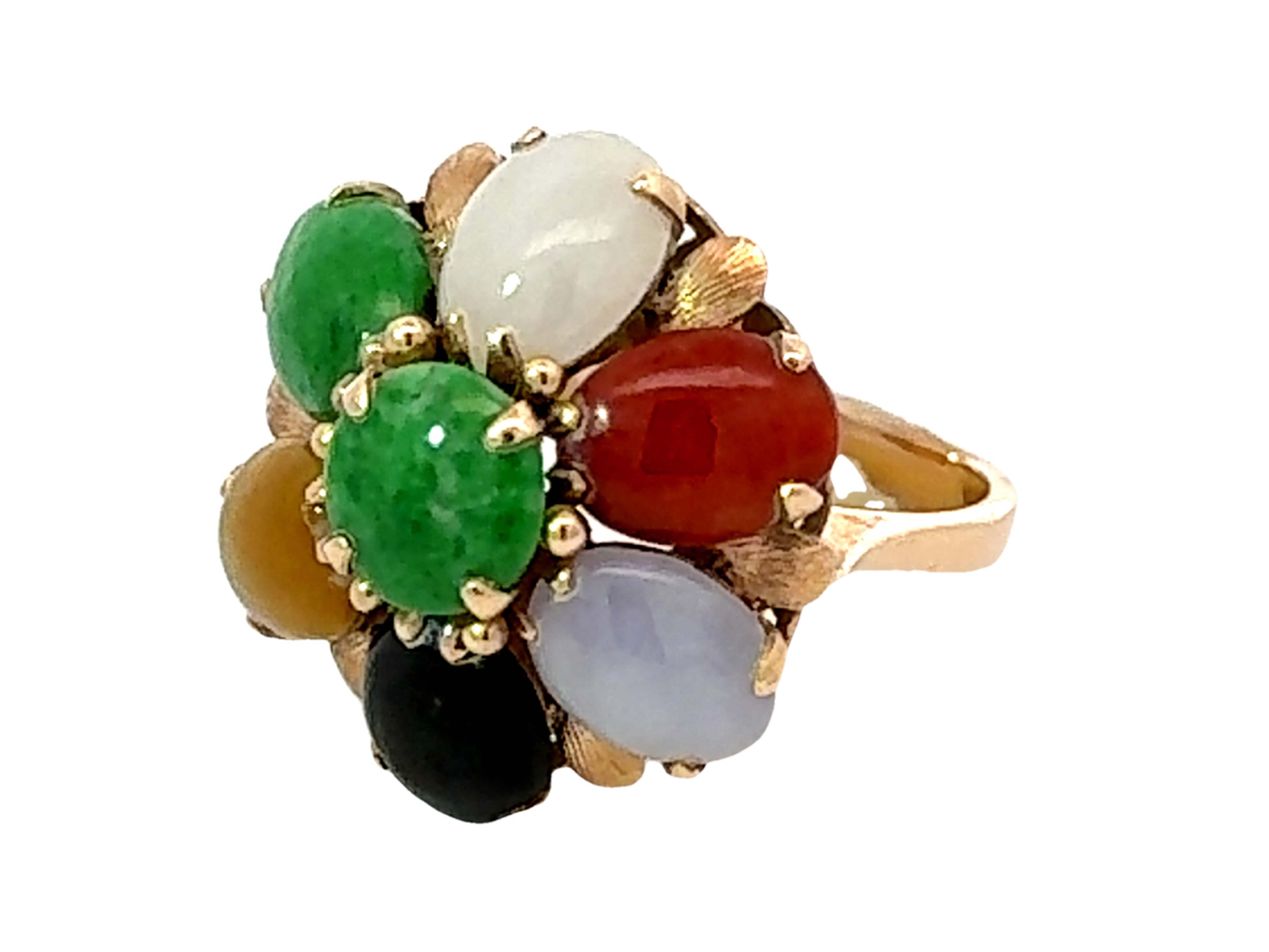 Oval Cut Multi Colored Jade Flower Ring 14K Yellow Gold For Sale