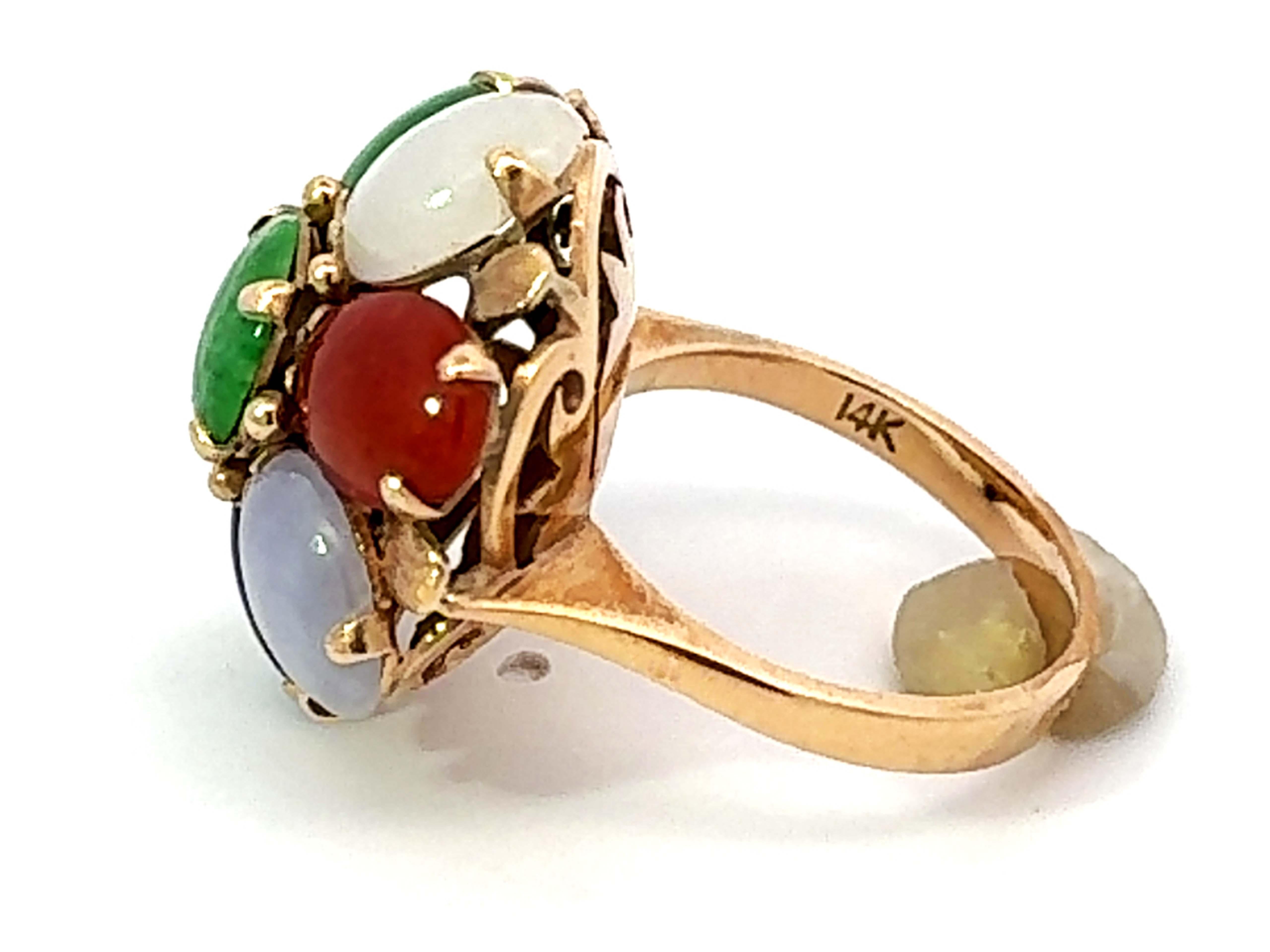 Women's Multi Colored Jade Flower Ring 14K Yellow Gold For Sale